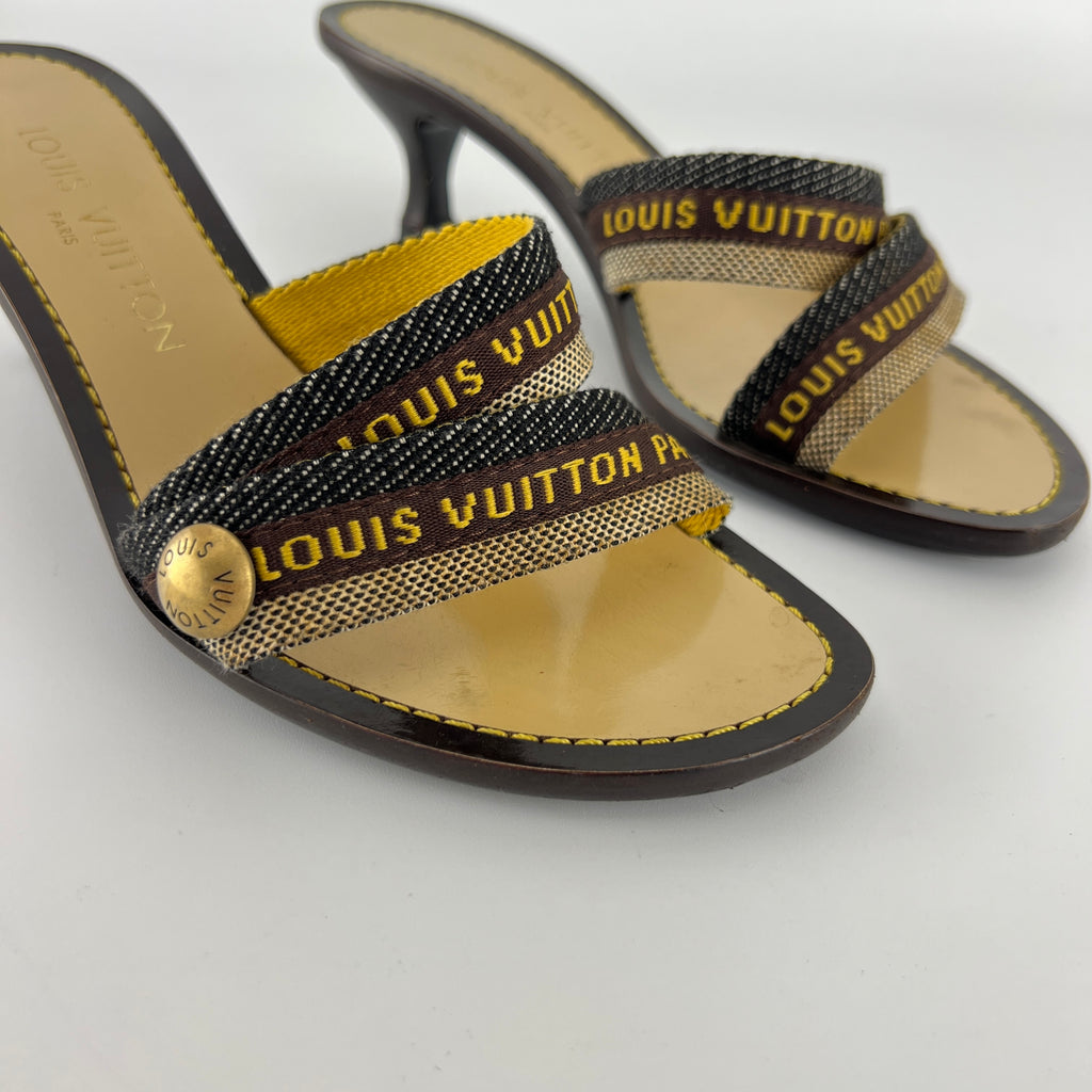 Louis Vuitton | Brown Black Canvas Strappy Sandal Mules Gold LV Button (36)