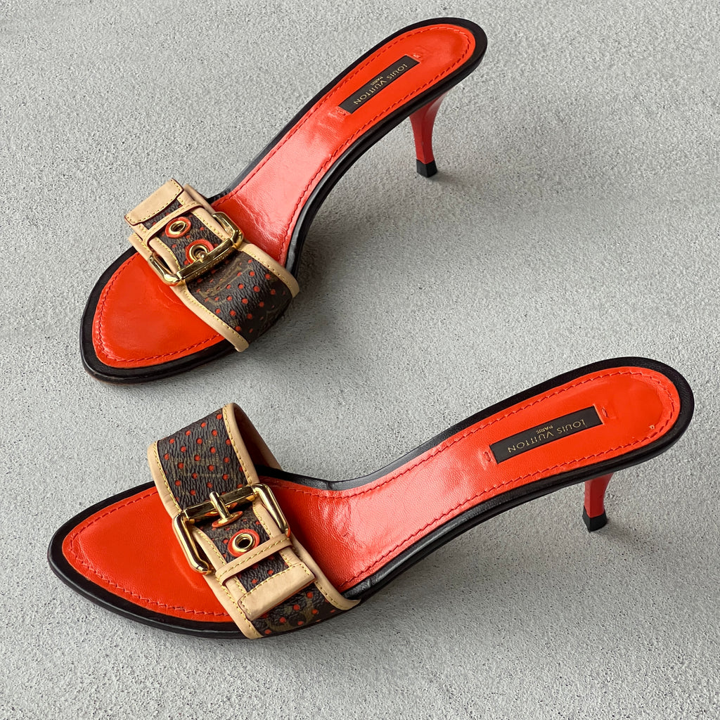 Louis Vuitton | 2006 Vintage LV Monogram Perforated Orange Brown Leather Buckle Mules (39.5)