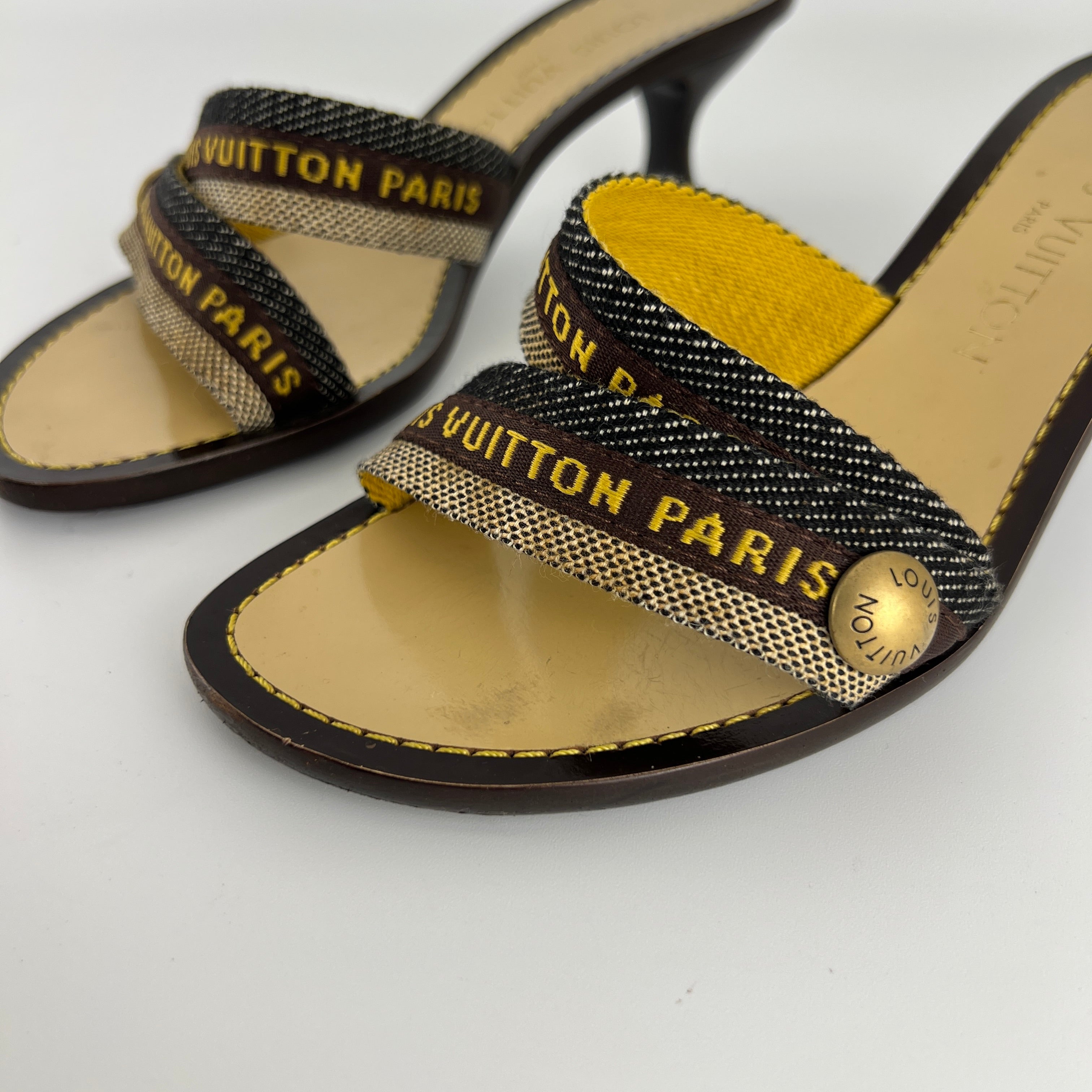 Louis Vuitton | Brown Black Canvas Strappy Sandal Mules Gold LV Button (36)