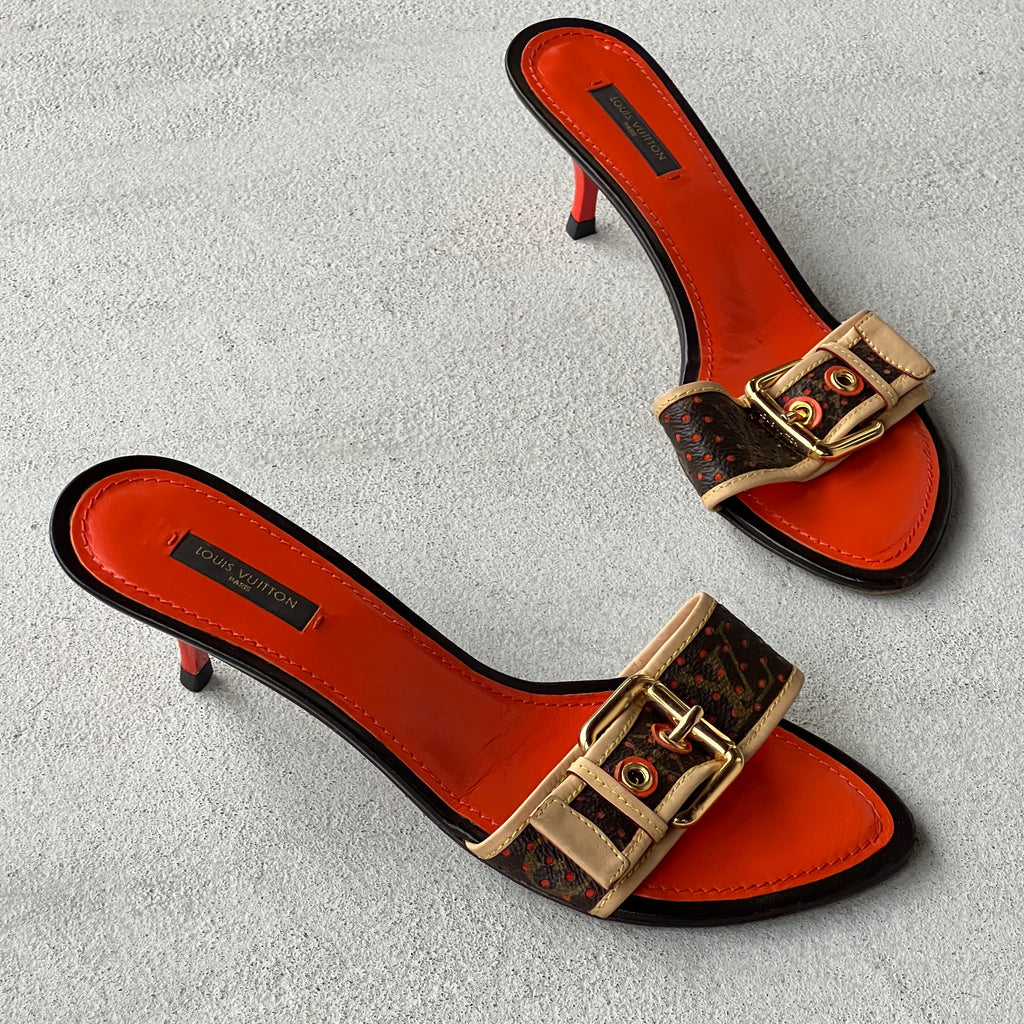 Louis Vuitton | 2006 Vintage LV Monogram Perforated Orange Brown Leather Buckle Mules (39.5)