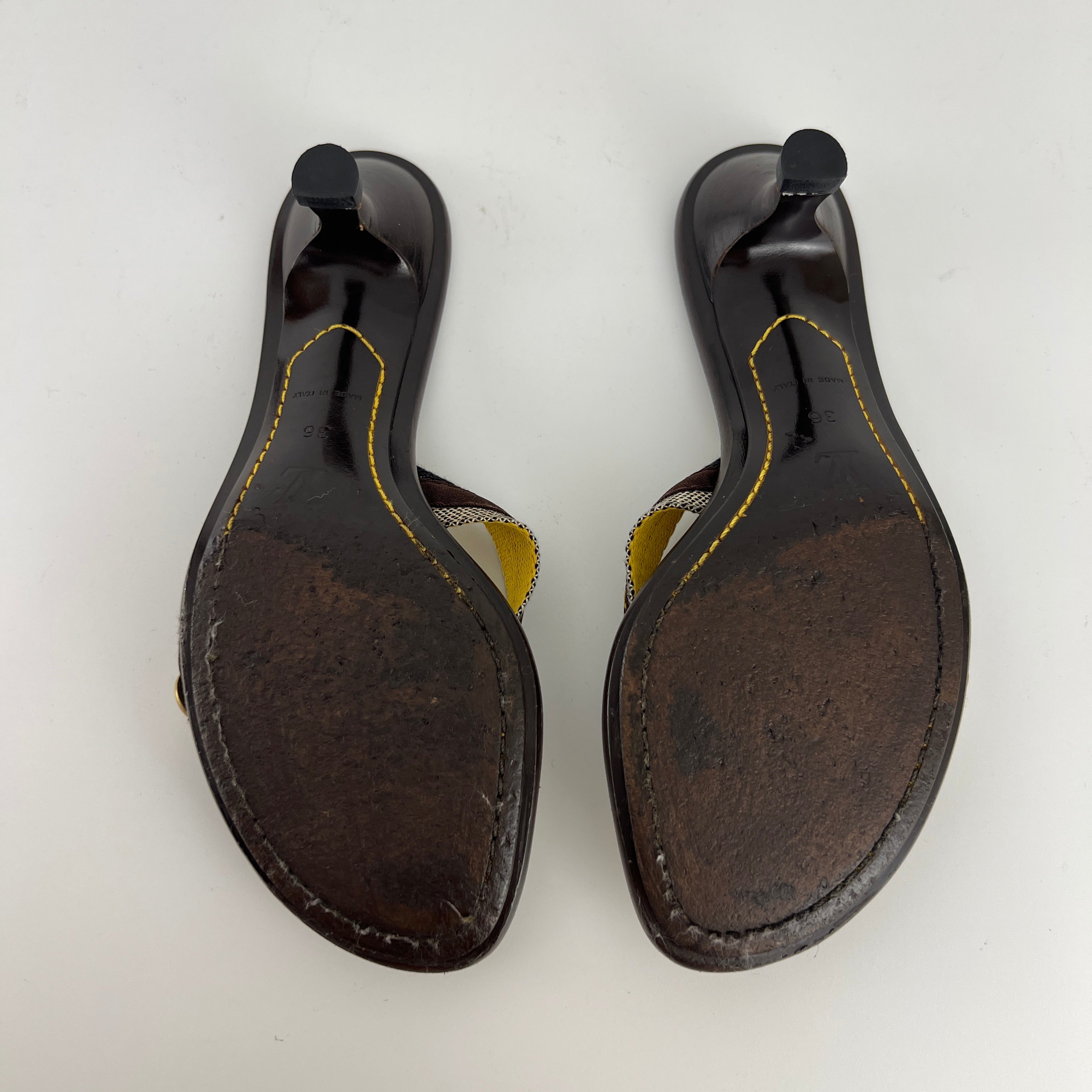 Louis Vuitton | Brown Black Canvas Strappy Sandal Mules Gold LV Button (36)