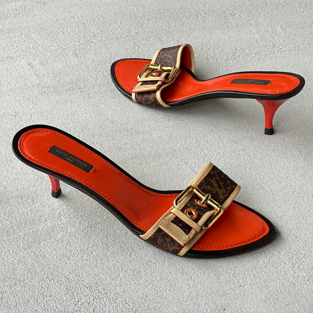 Louis Vuitton | 2006 Vintage LV Monogram Perforated Orange Brown Leather Buckle Mules (39.5)