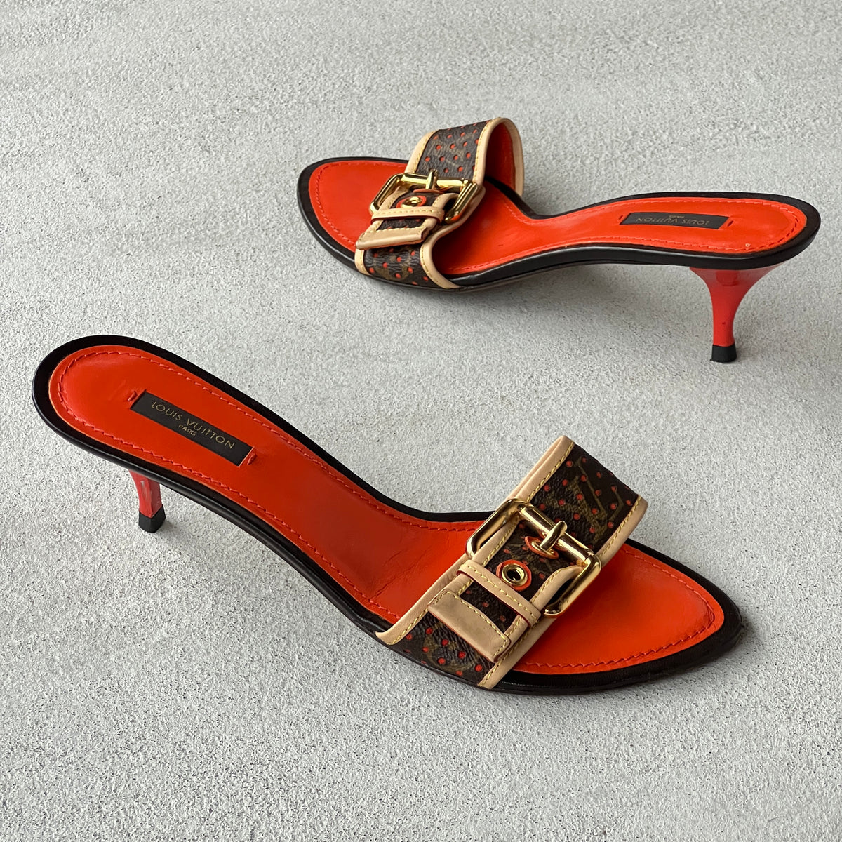 Louis Vuitton | 2006 Vintage LV Monogram Perforated Orange Brown Leather Buckle Mules (39.5)