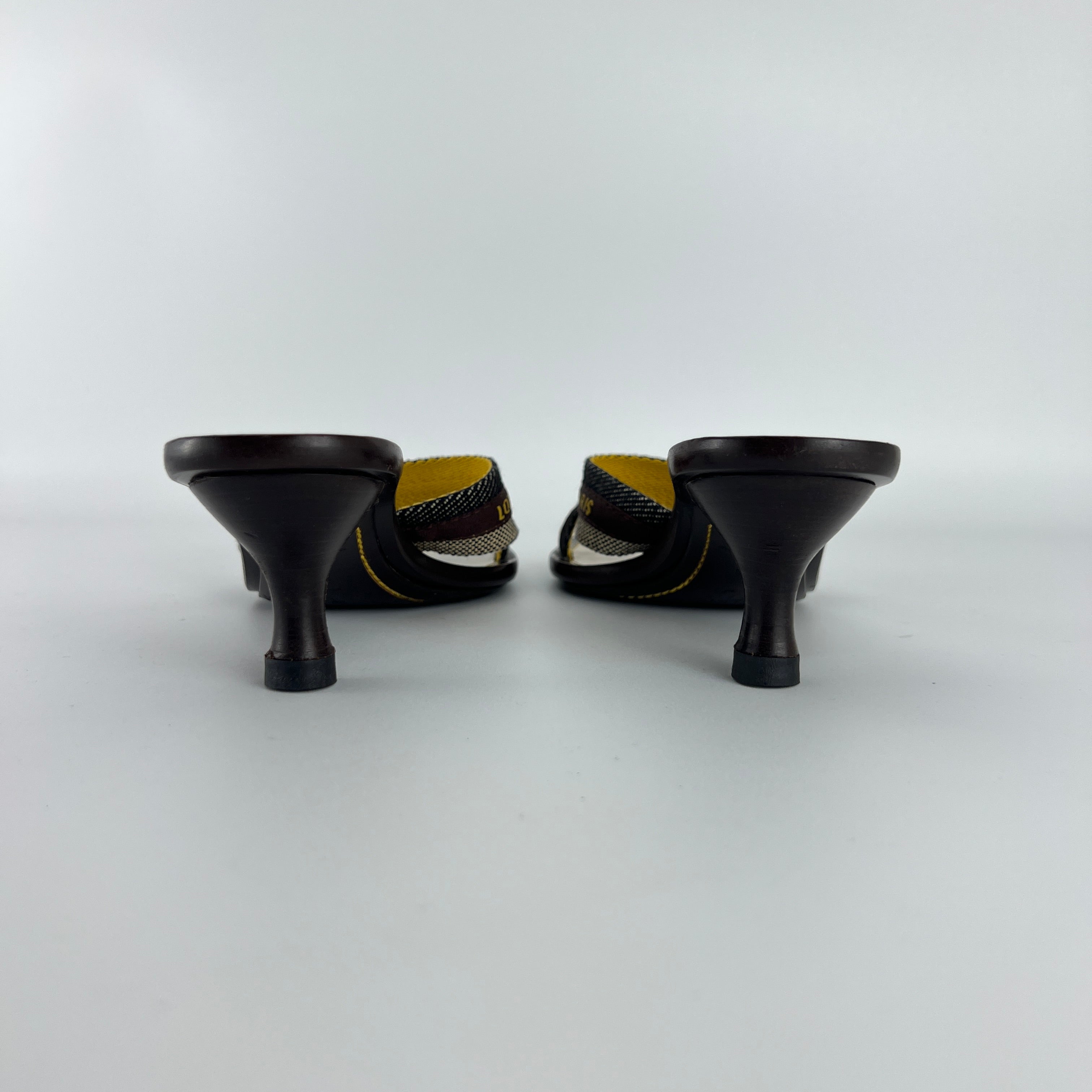 Louis Vuitton | Brown Black Canvas Strappy Sandal Mules Gold LV Button (36)