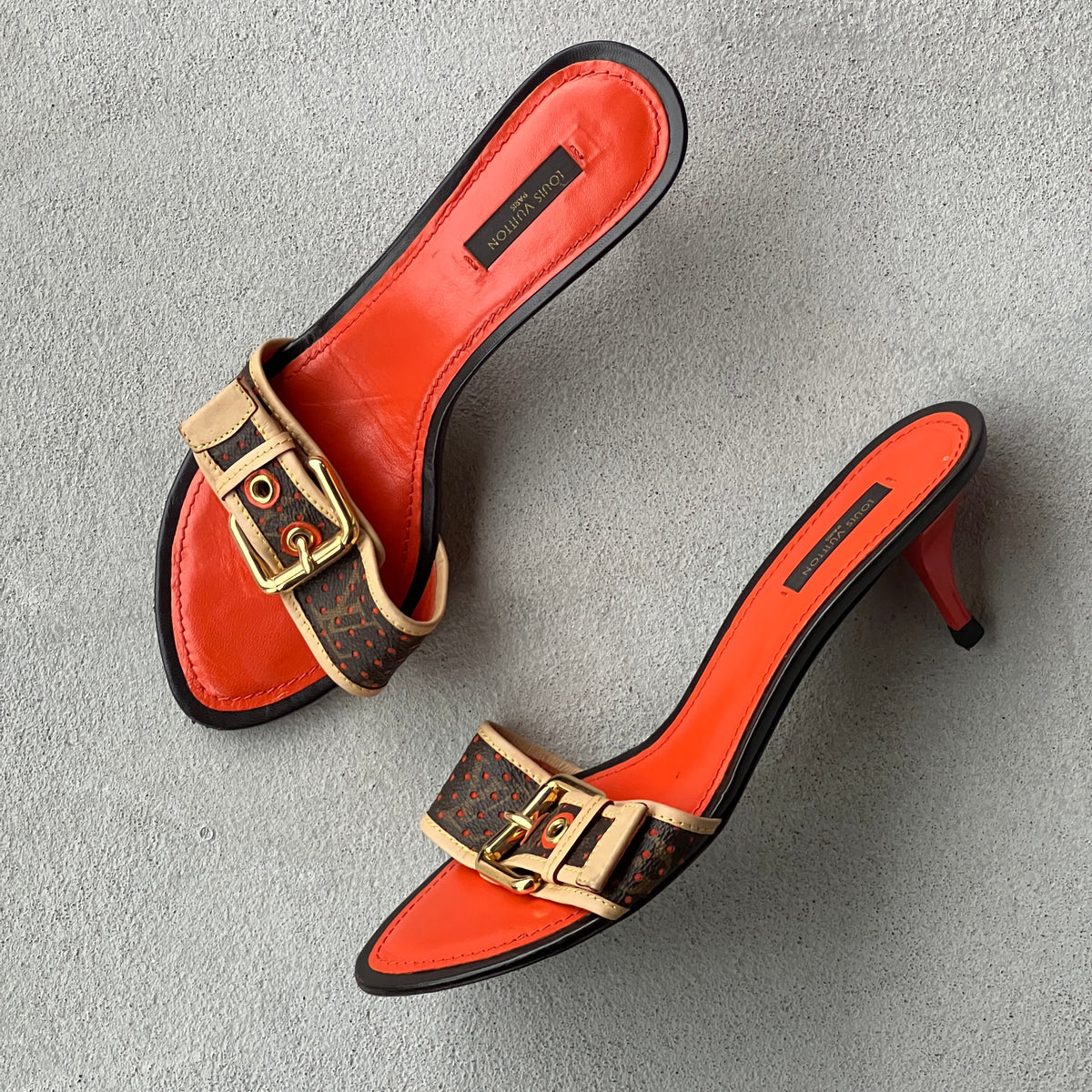Louis Vuitton | 2006 Vintage LV Monogram Perforated Orange Brown Leather Buckle Mules (39.5)