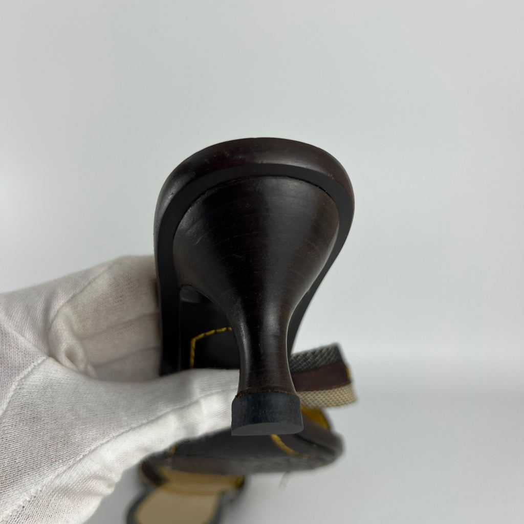 Louis Vuitton | Brown Black Canvas Strappy Sandal Mules Gold LV Button (36)
