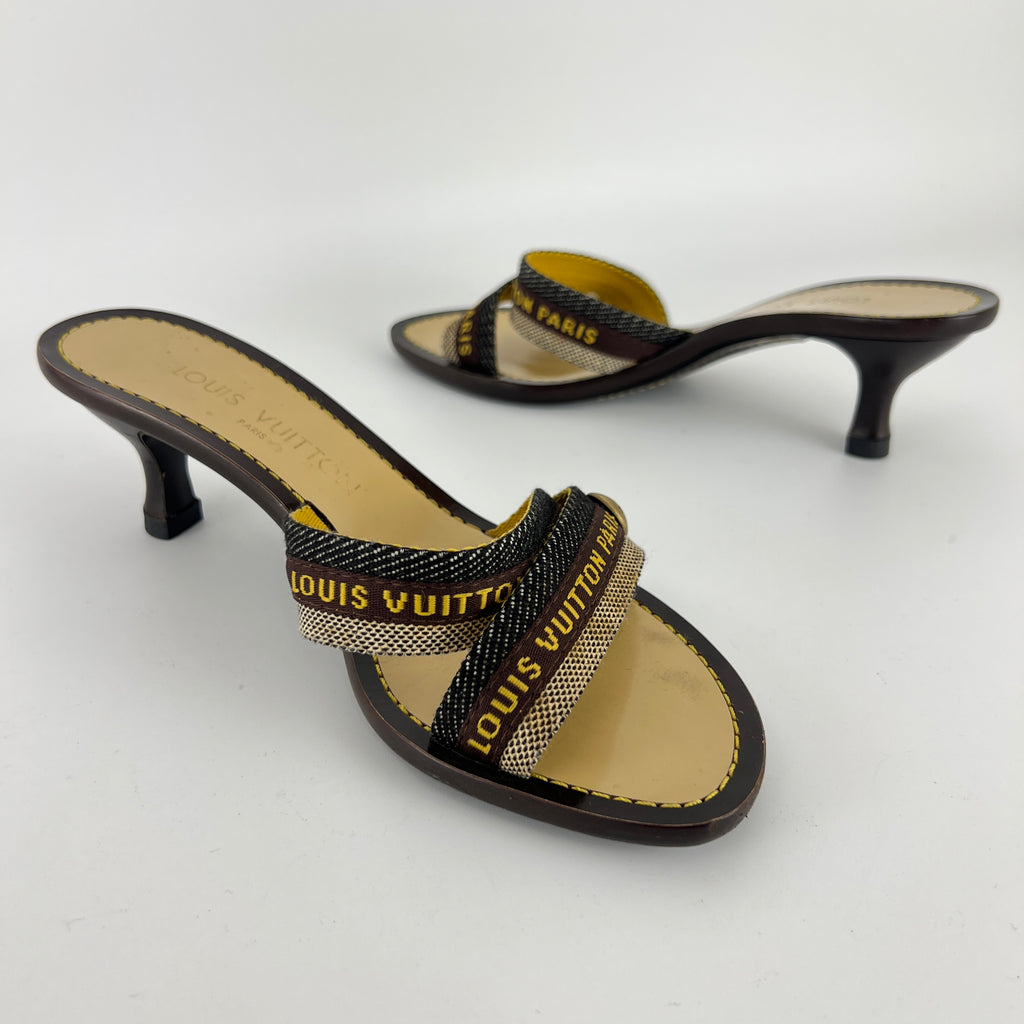 Louis Vuitton | Brown Black Canvas Strappy Sandal Mules Gold LV Button (36)