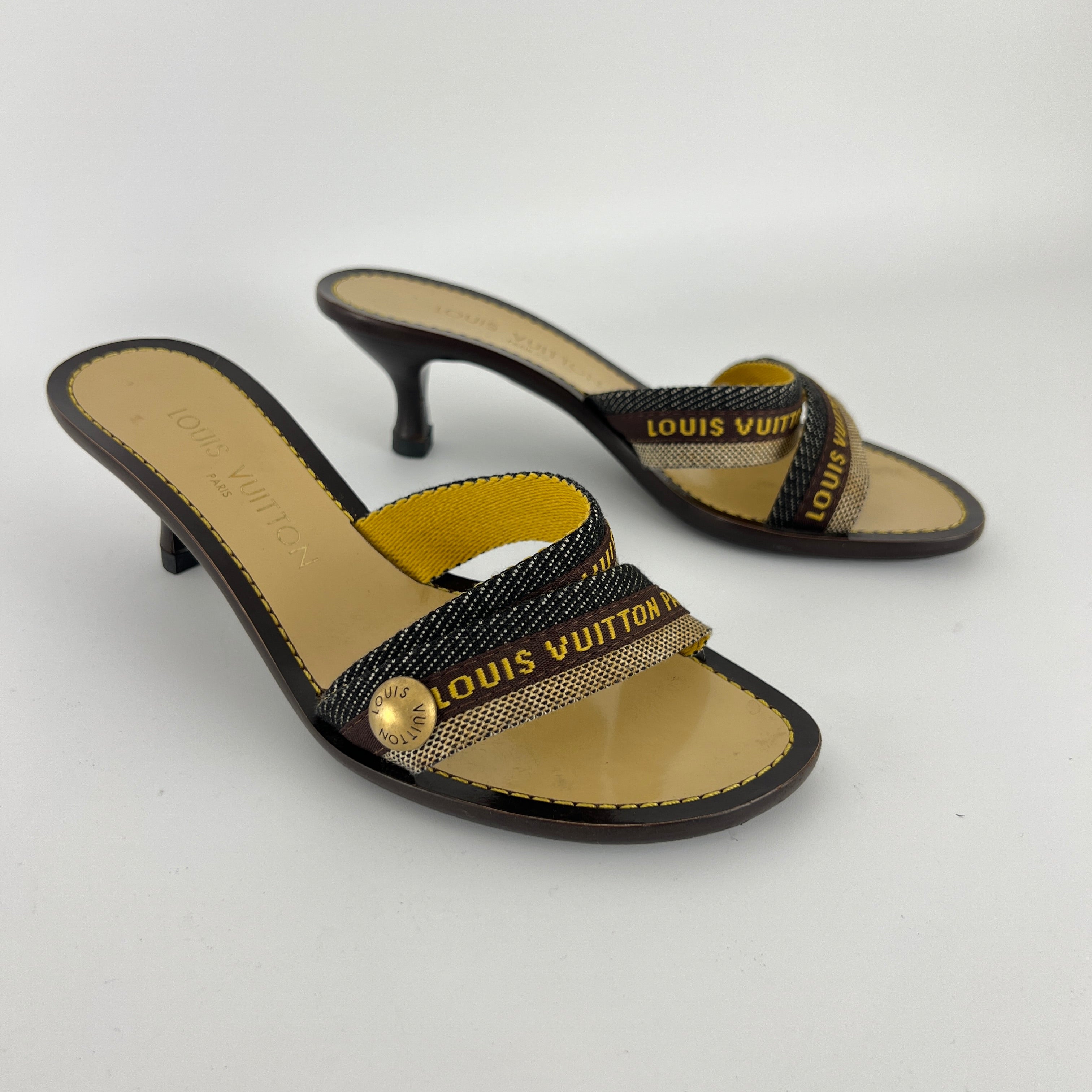 Louis Vuitton | Brown Black Canvas Strappy Sandal Mules Gold LV Button (36)