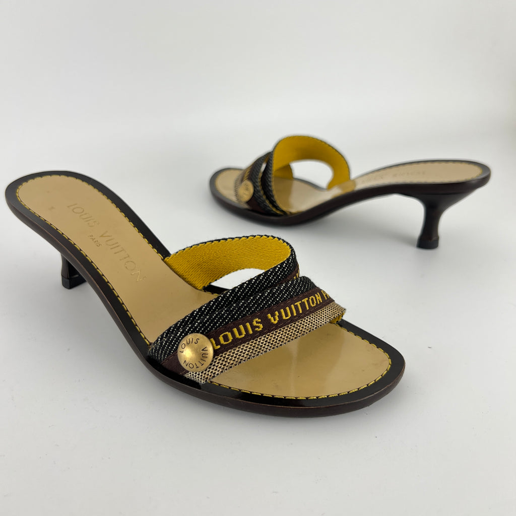 Louis Vuitton | Brown Black Canvas Strappy Sandal Mules Gold LV Button (36)