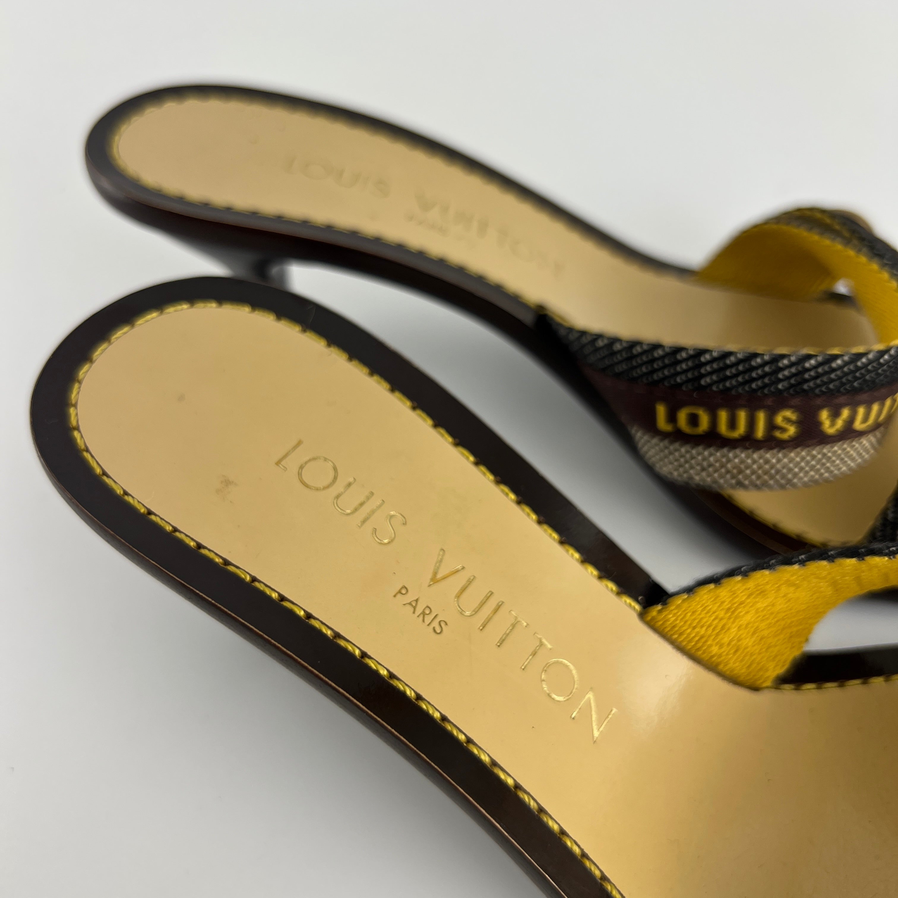 Louis Vuitton | Brown Black Canvas Strappy Sandal Mules Gold LV Button (36)