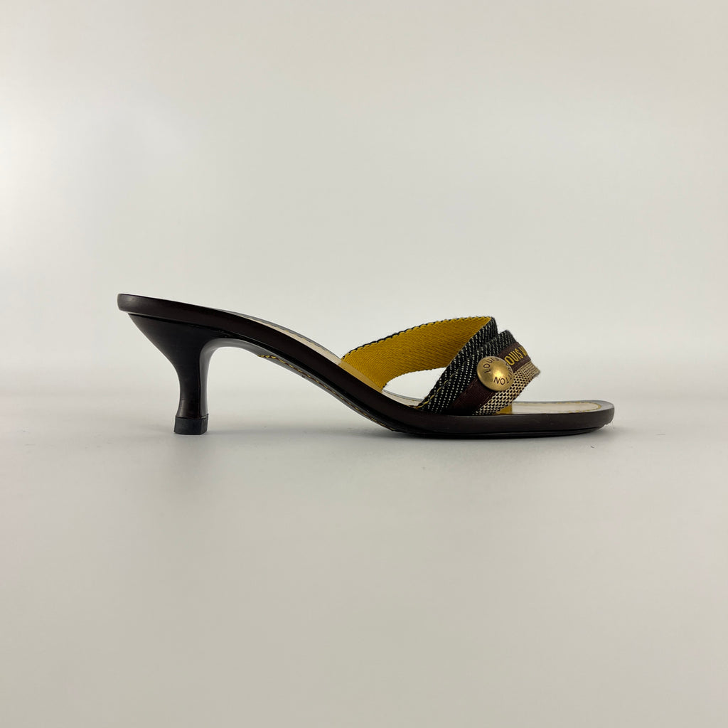 Louis Vuitton | Brown Black Canvas Strappy Sandal Mules Gold LV Button (36)