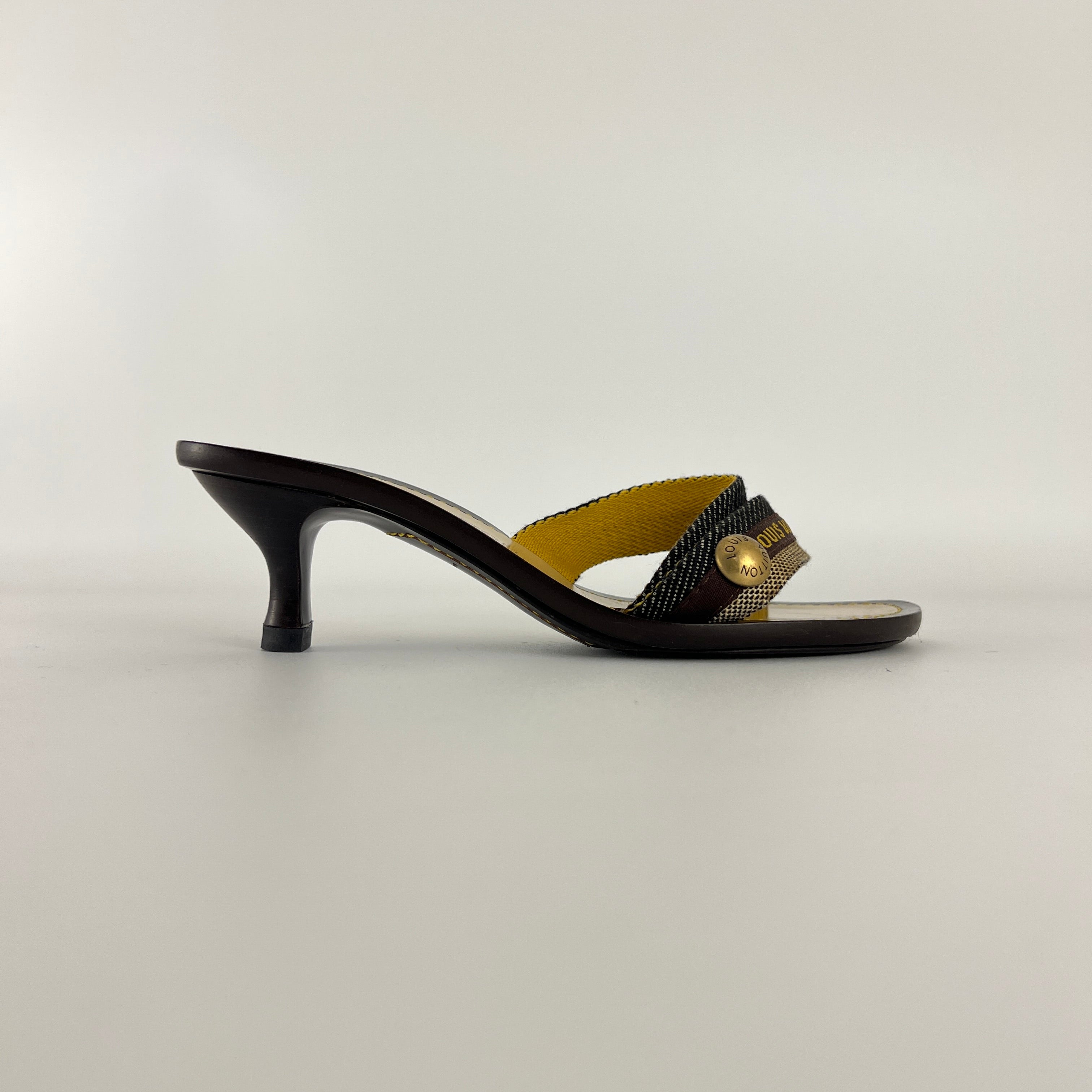 Louis Vuitton | Brown Black Canvas Strappy Sandal Mules Gold LV Button (36)
