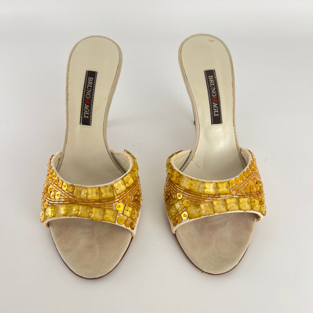 Bruno Magli | Gold Sequin Beading Stiletto Slide Mules (35)