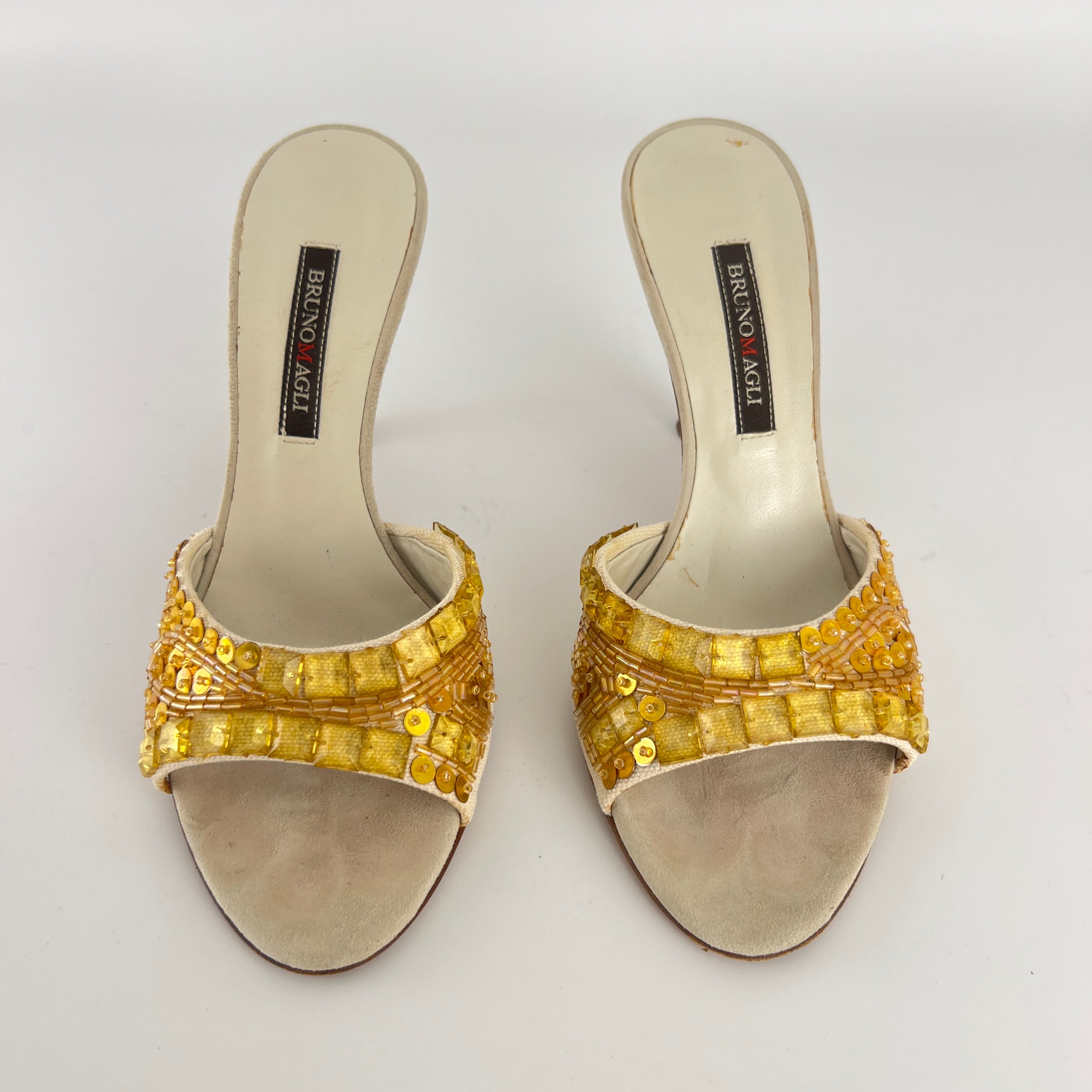 Bruno Magli | Gold Sequin Beading Stiletto Slide Mules (35)