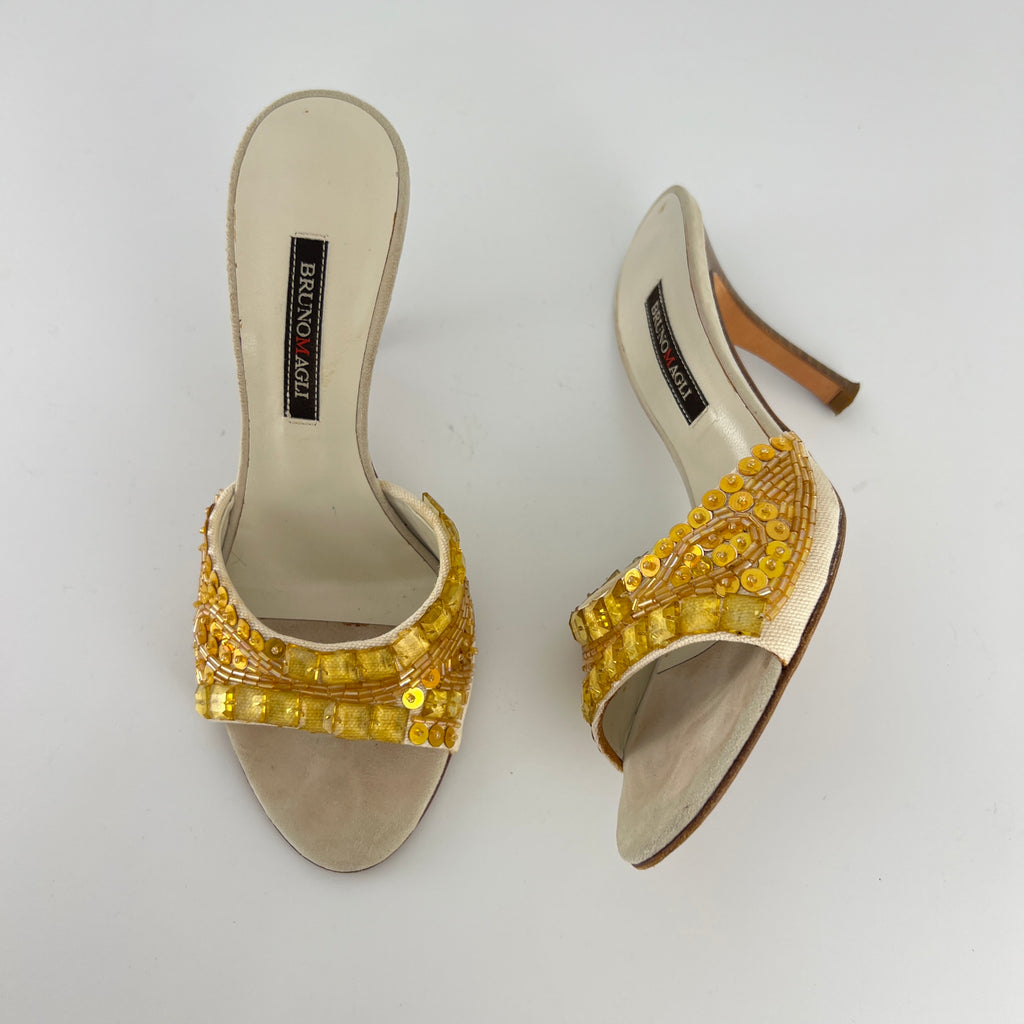 Bruno Magli | Gold Sequin Beading Stiletto Slide Mules (35)