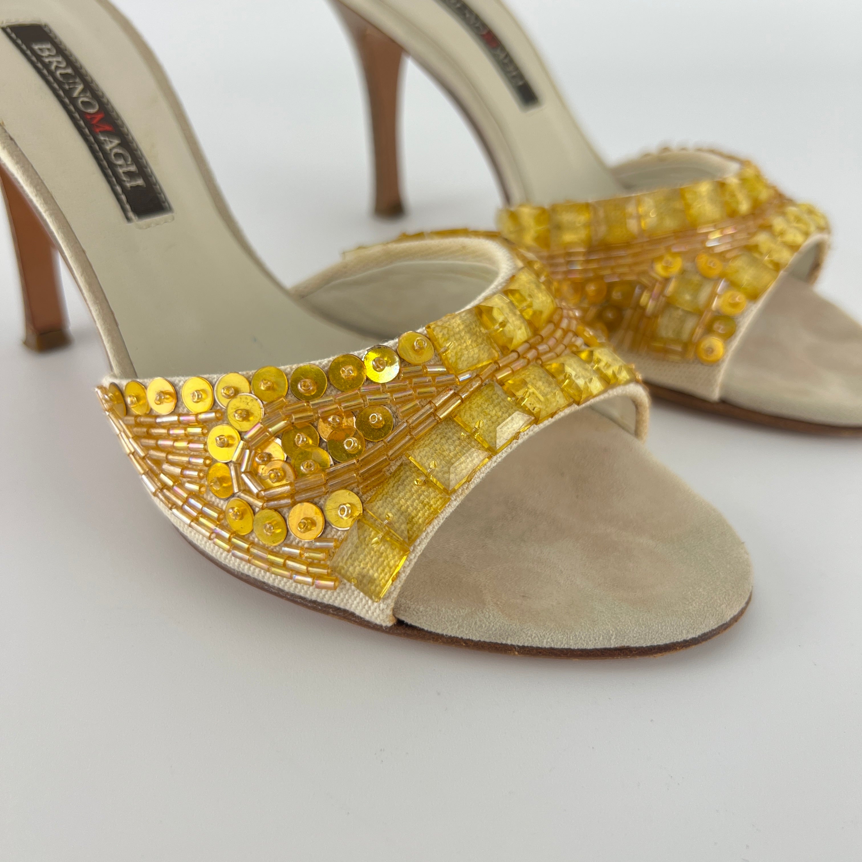 Bruno Magli | Gold Sequin Beading Stiletto Slide Mules (35)