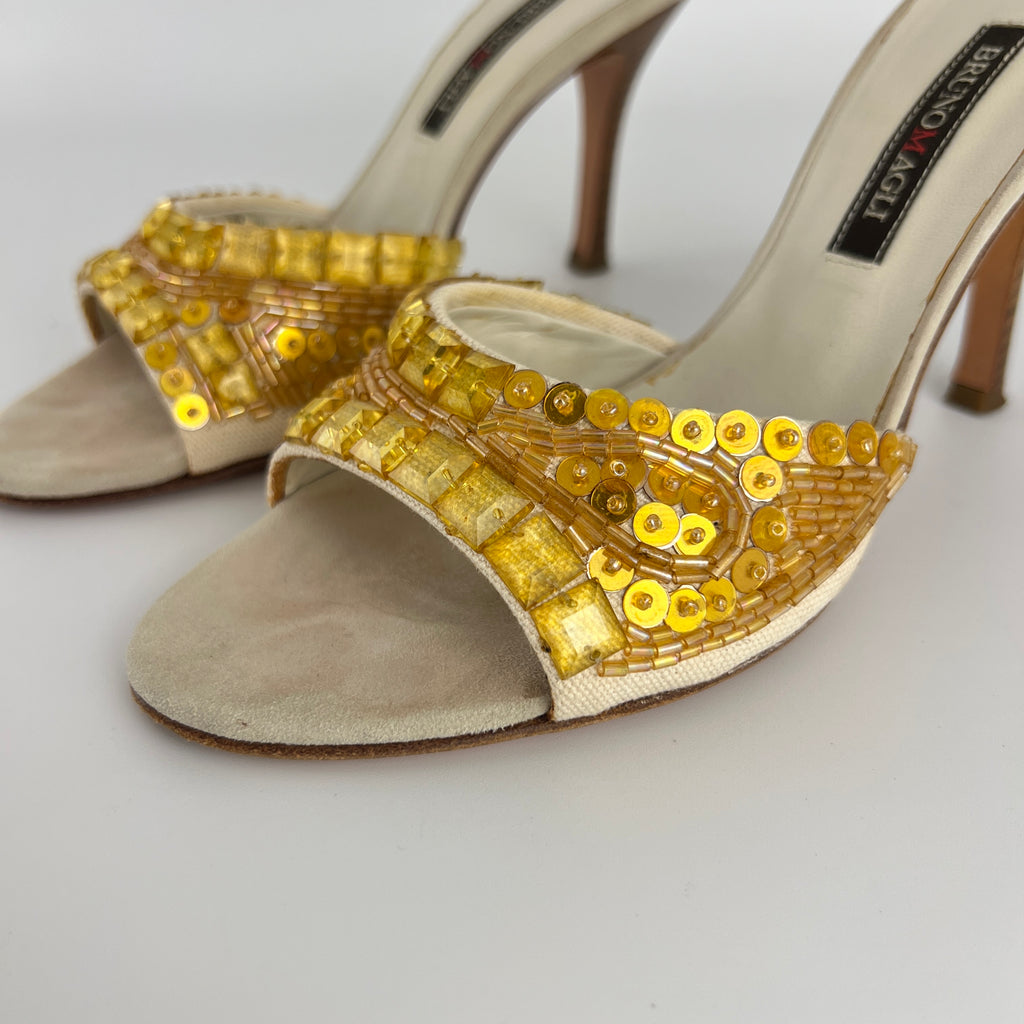 Bruno Magli | Gold Sequin Beading Stiletto Slide Mules (35)