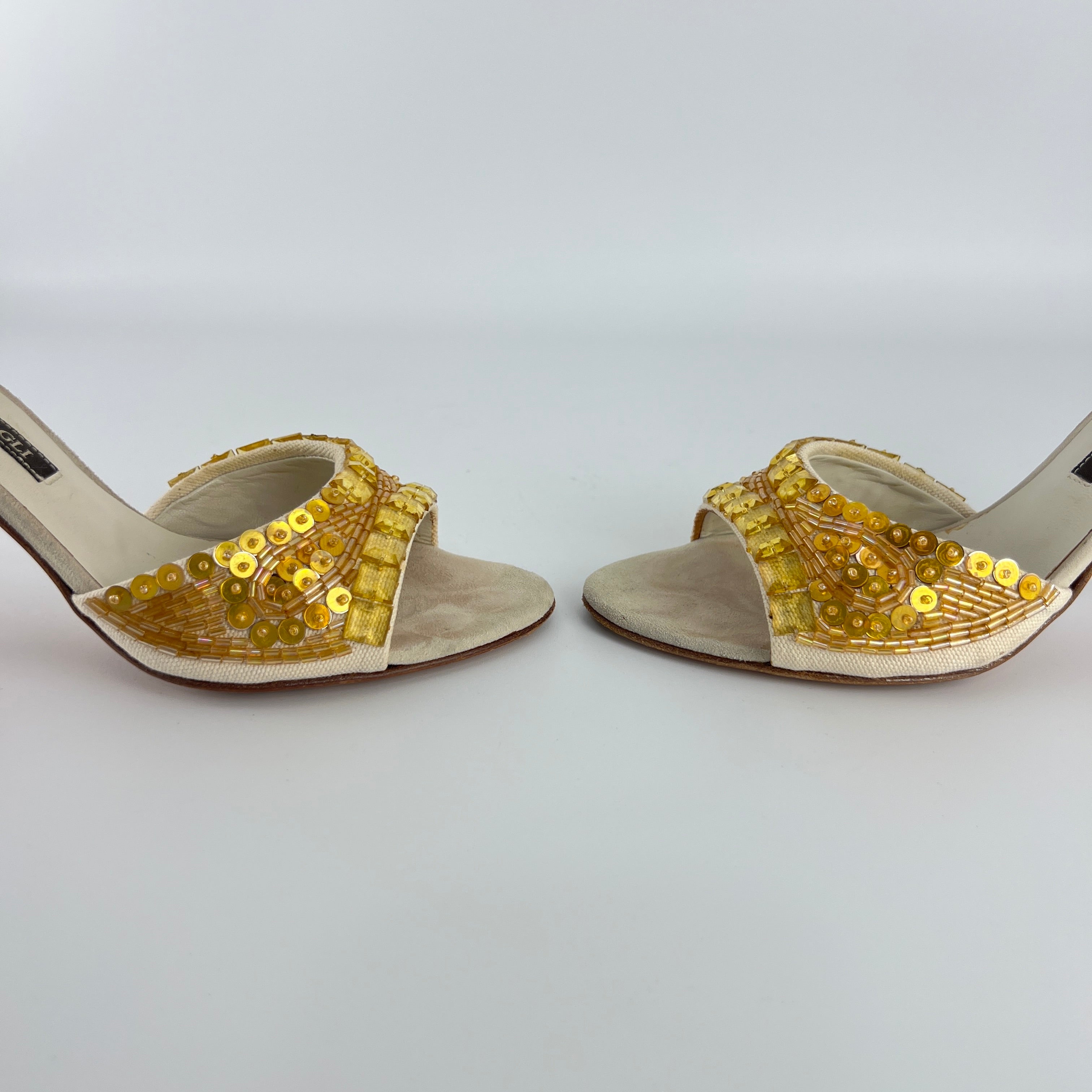 Bruno Magli | Gold Sequin Beading Stiletto Slide Mules (35)