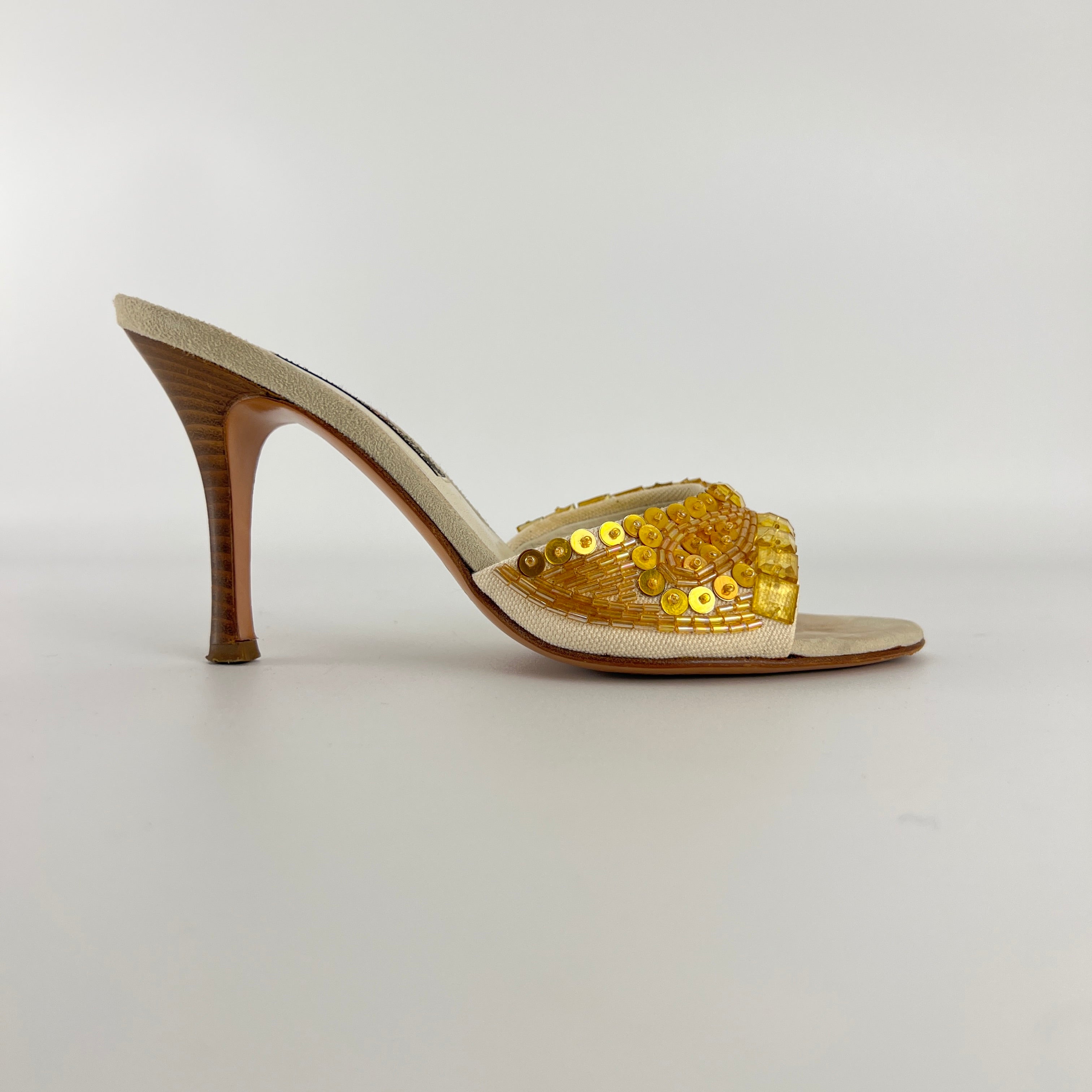 Bruno Magli | Gold Sequin Beading Stiletto Slide Mules (35)
