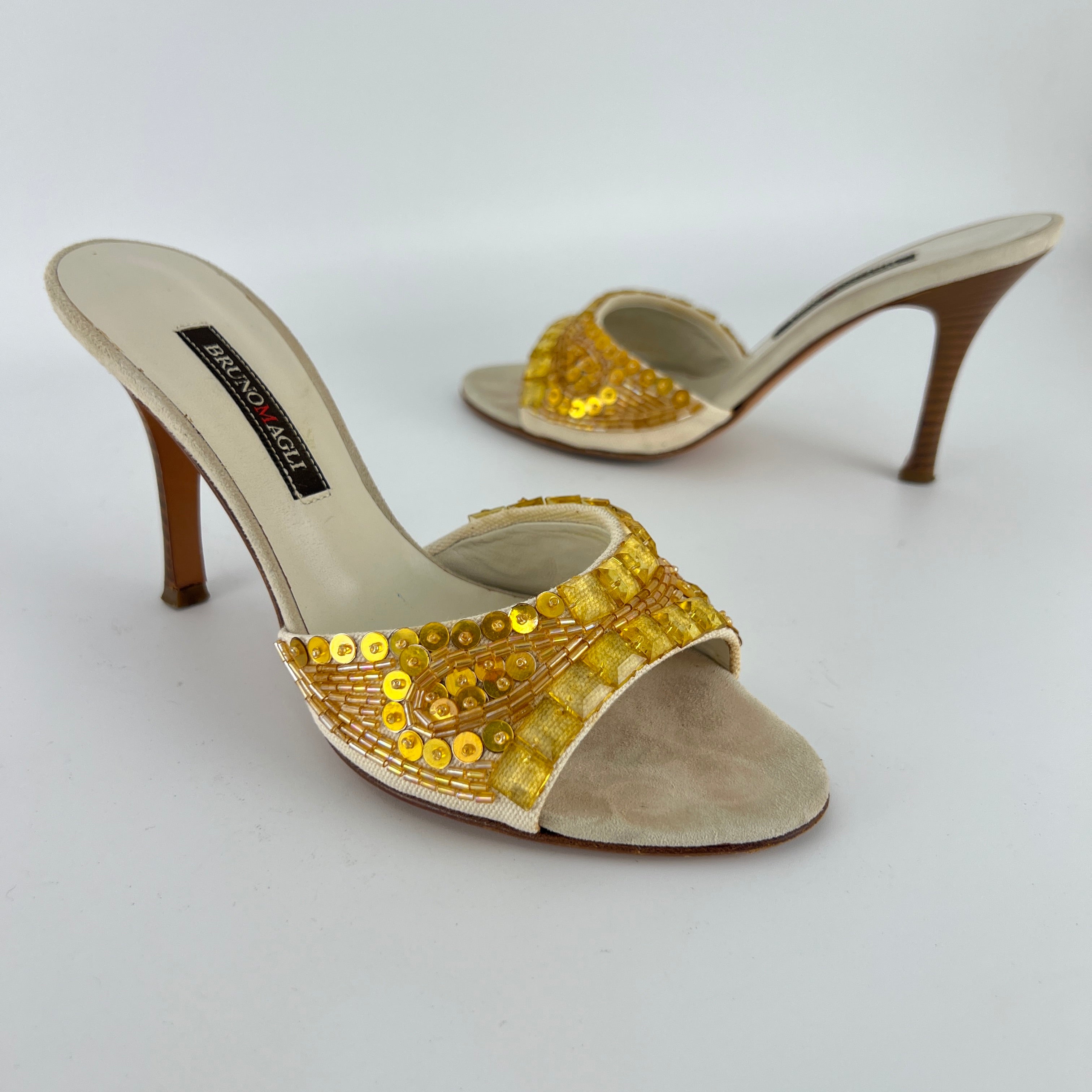 Bruno Magli | Gold Sequin Beading Stiletto Slide Mules (35)