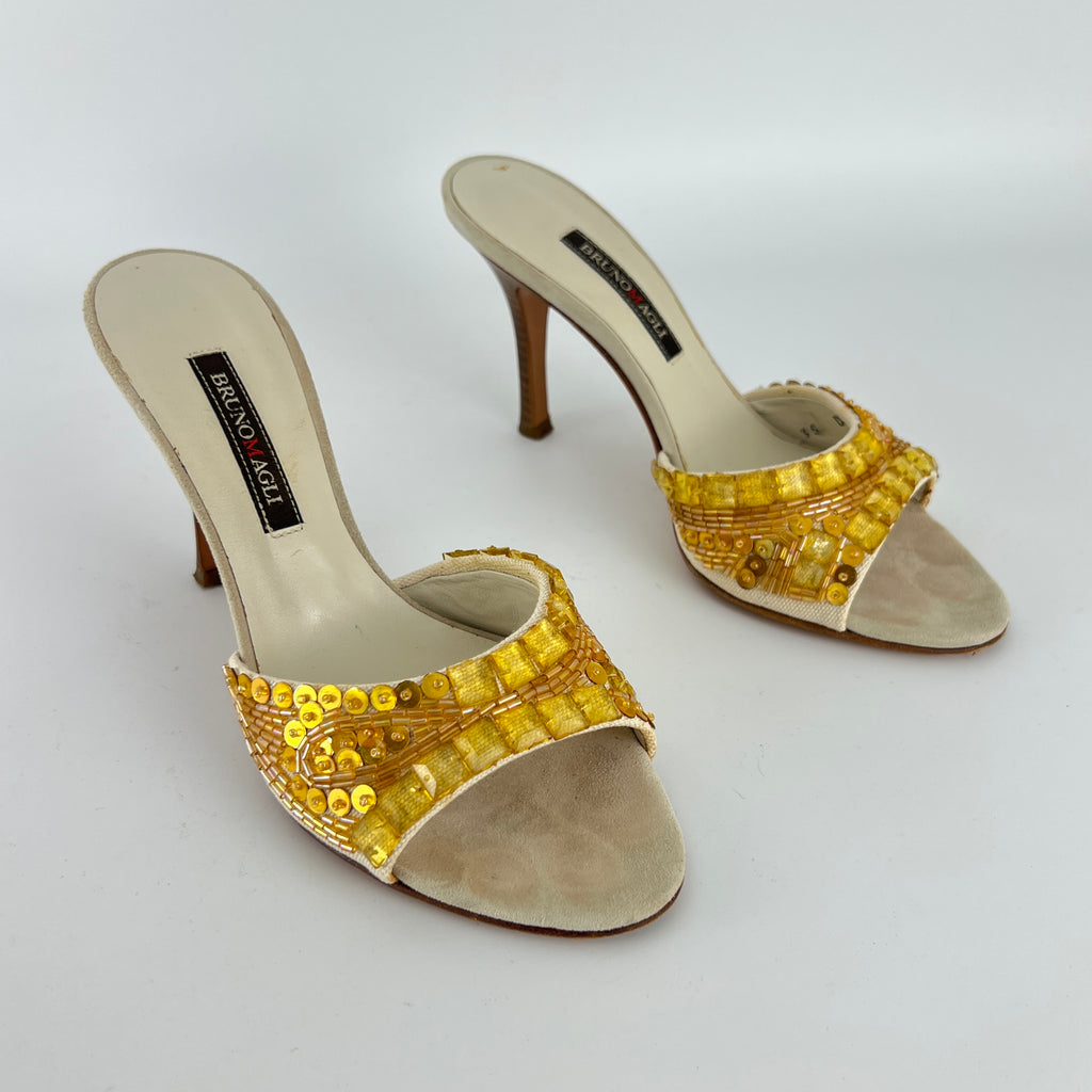 Bruno Magli | Gold Sequin Beading Stiletto Slide Mules (35)