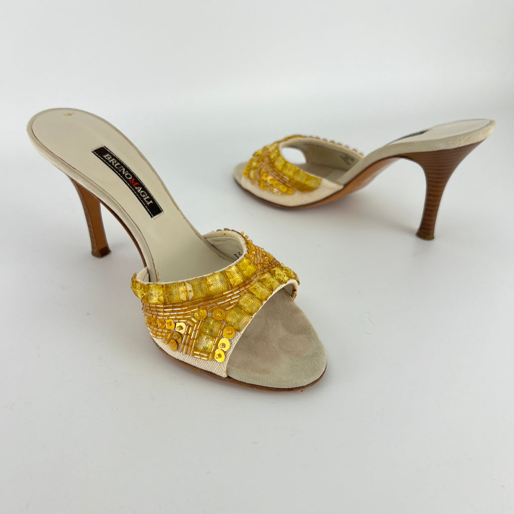 Bruno Magli | Gold Sequin Beading Stiletto Slide Mules (35)