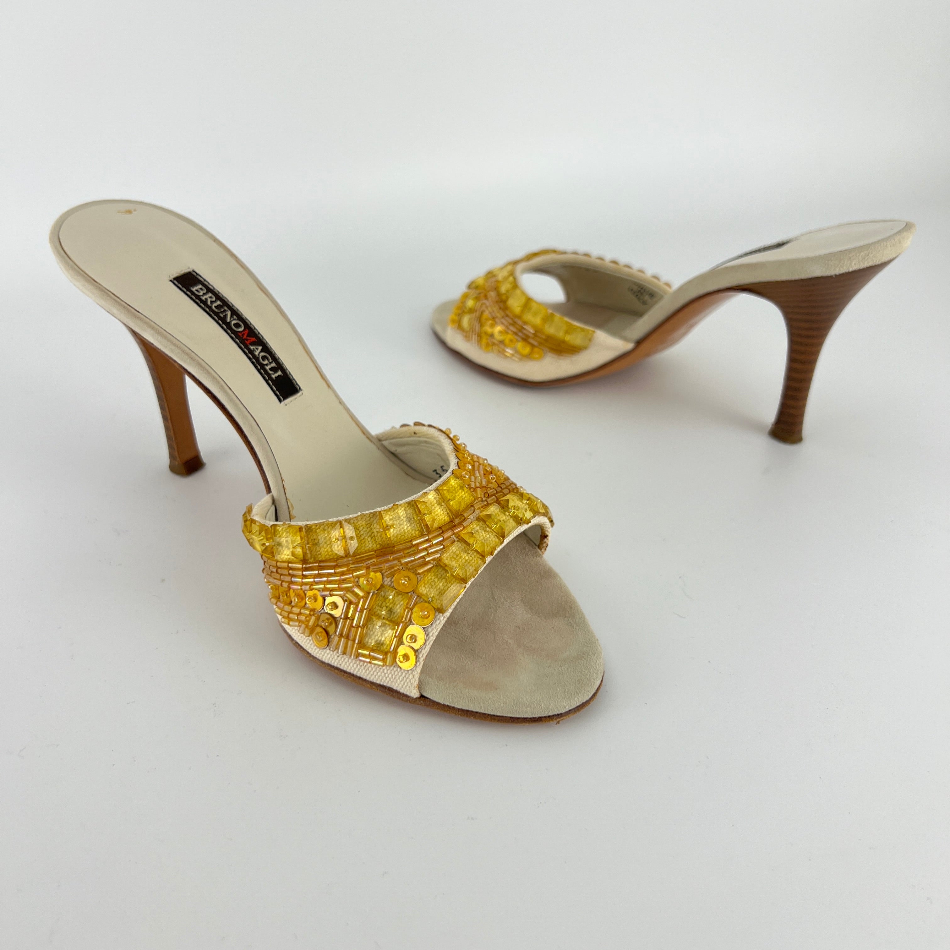 Bruno Magli | Gold Sequin Beading Stiletto Slide Mules (35)