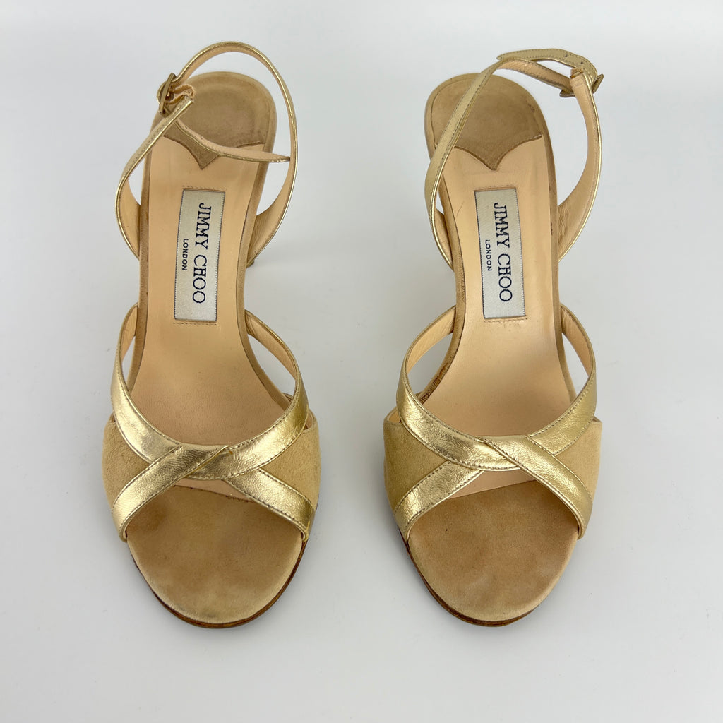 Jimmy Choo | Metallic Gold Beige Suede Leather Peep Toe Slingback Heels (38)