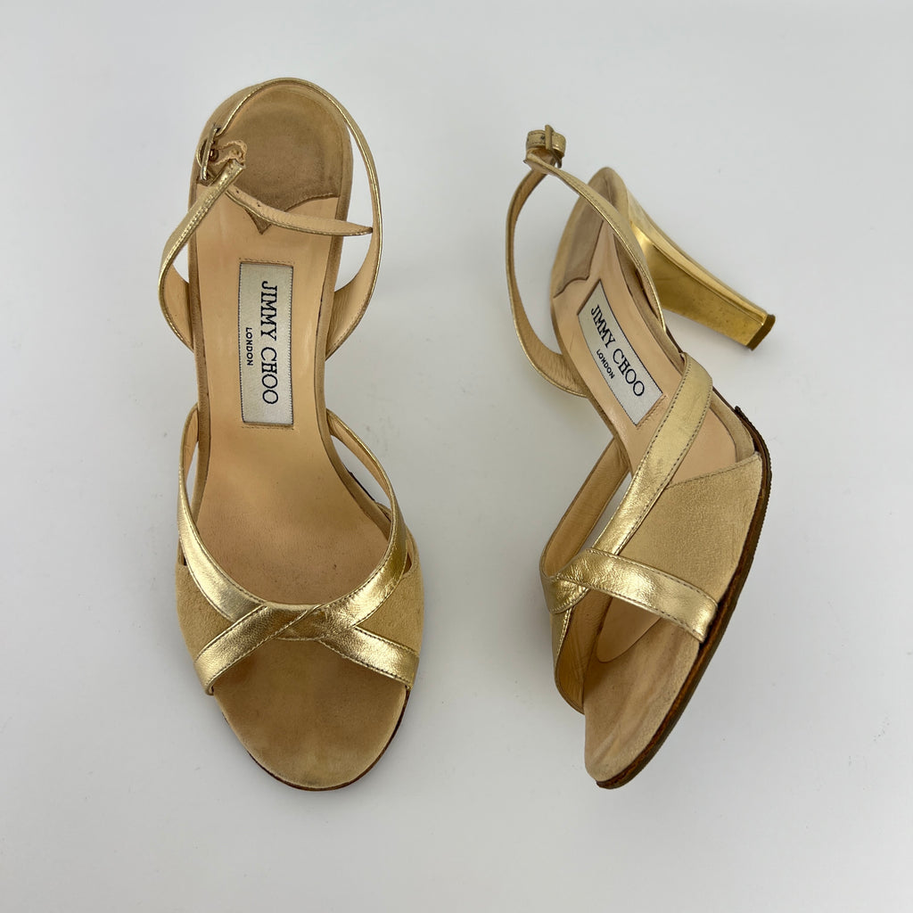 Jimmy Choo | Metallic Gold Beige Suede Leather Peep Toe Slingback Heels (38)
