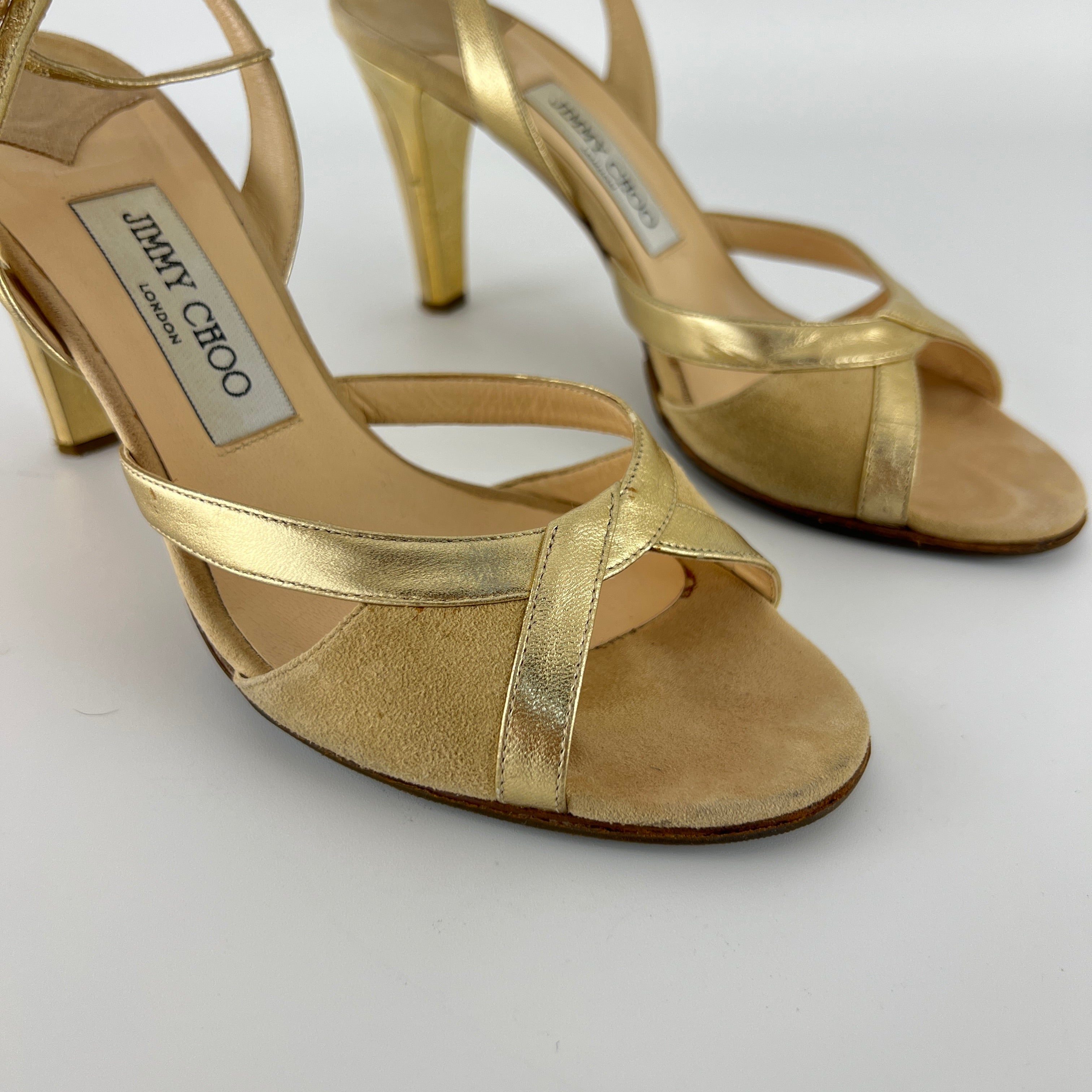 Jimmy Choo | Metallic Gold Beige Suede Leather Peep Toe Slingback Heels (38)