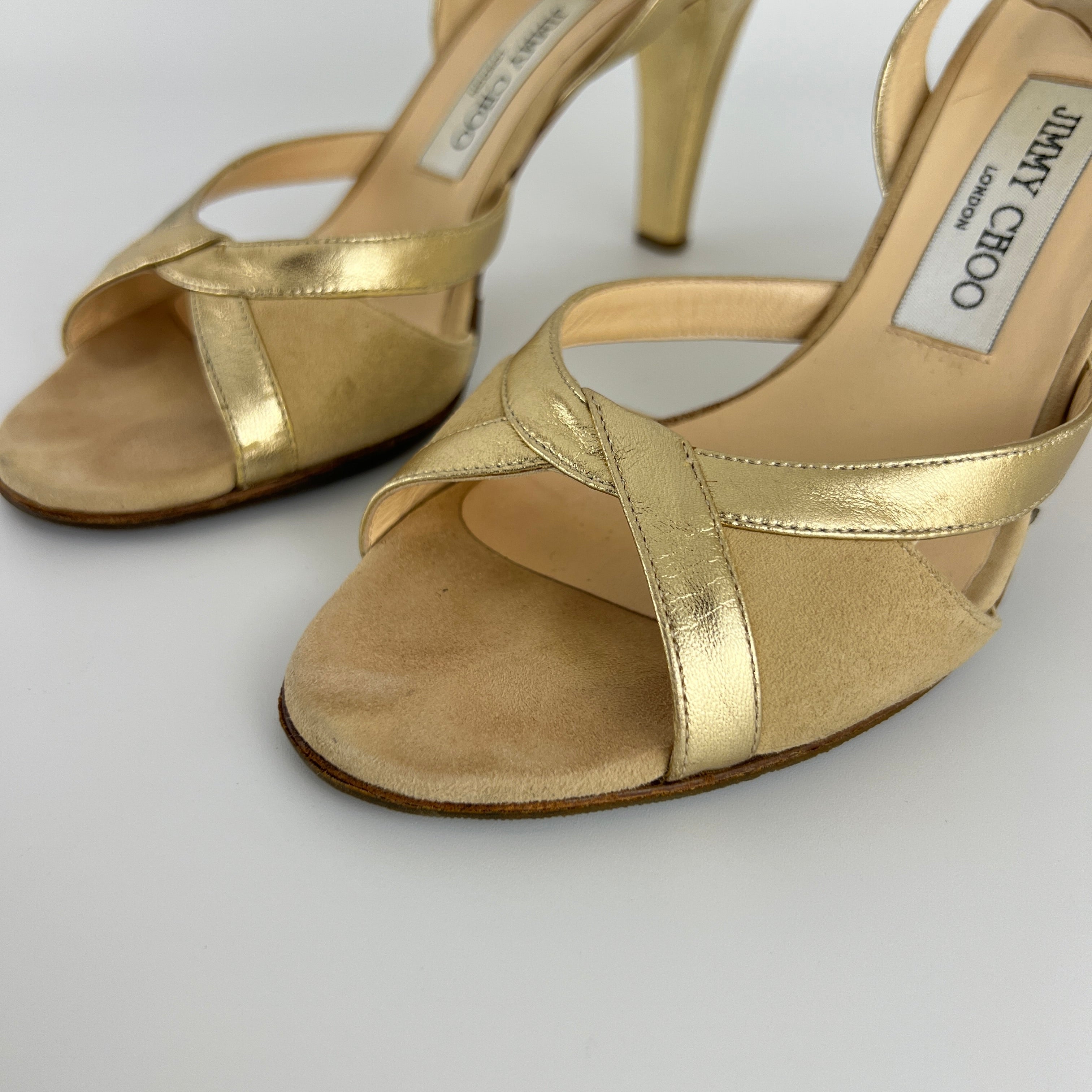 Jimmy Choo | Metallic Gold Beige Suede Leather Peep Toe Slingback Heels (38)