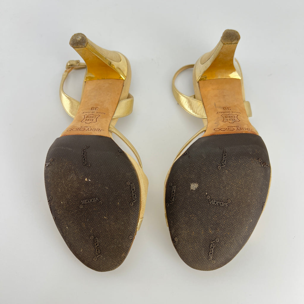 Jimmy Choo | Metallic Gold Beige Suede Leather Peep Toe Slingback Heels (38)