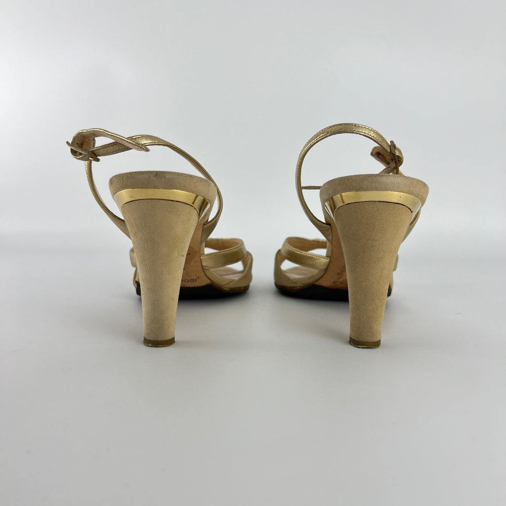 Jimmy Choo | Metallic Gold Beige Suede Leather Peep Toe Slingback Heels (38)