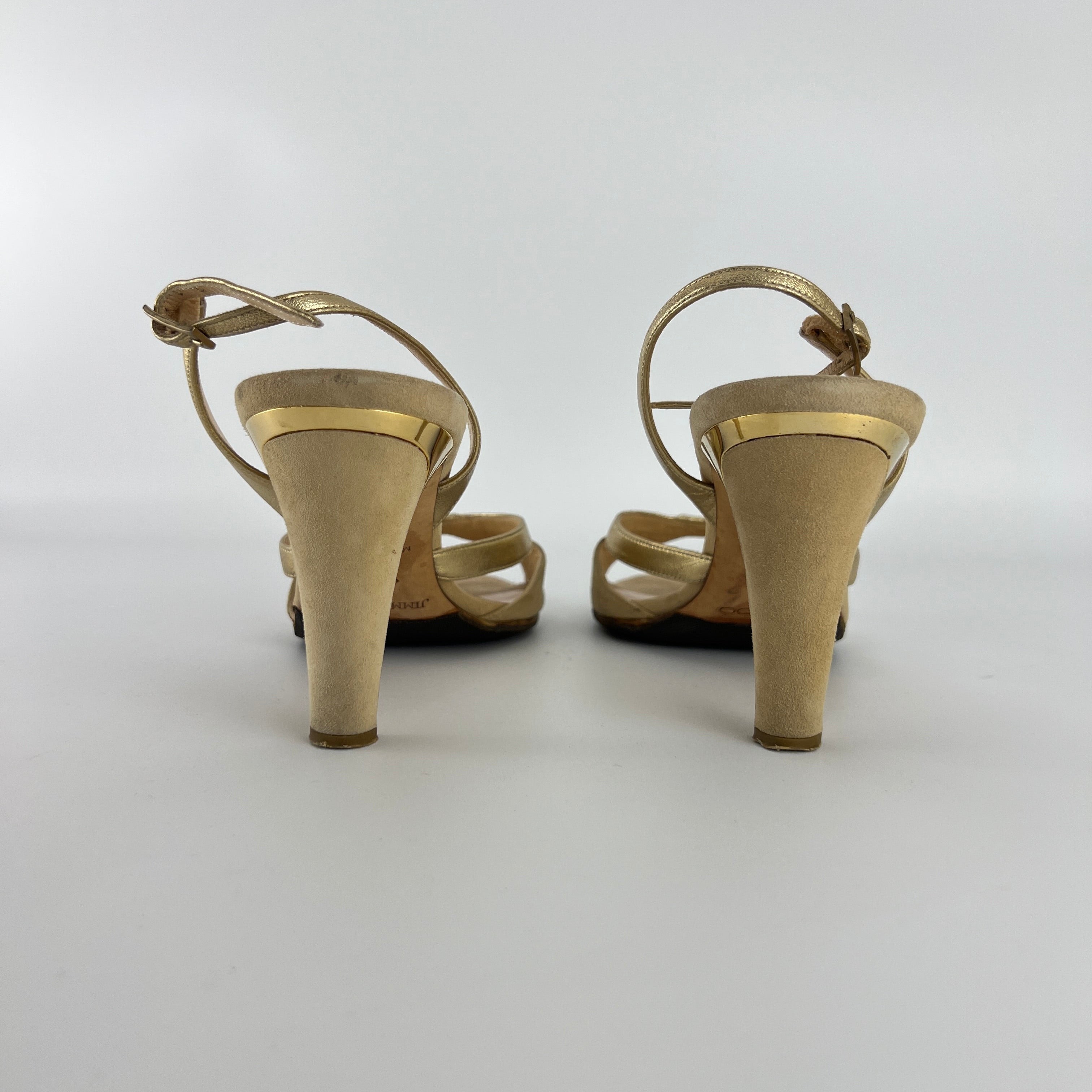 Jimmy Choo | Metallic Gold Beige Suede Leather Peep Toe Slingback Heels (38)