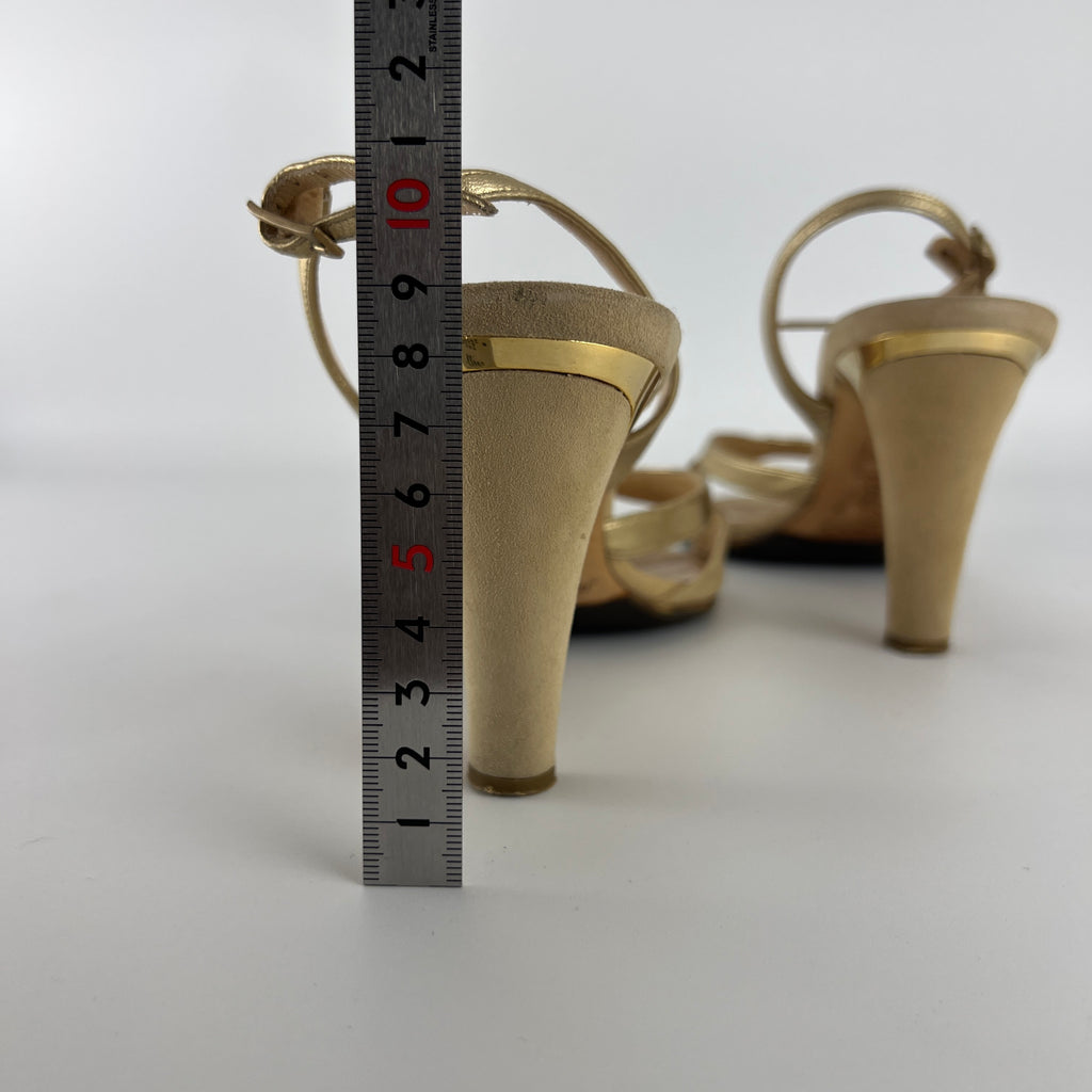 Jimmy Choo | Metallic Gold Beige Suede Leather Peep Toe Slingback Heels (38)