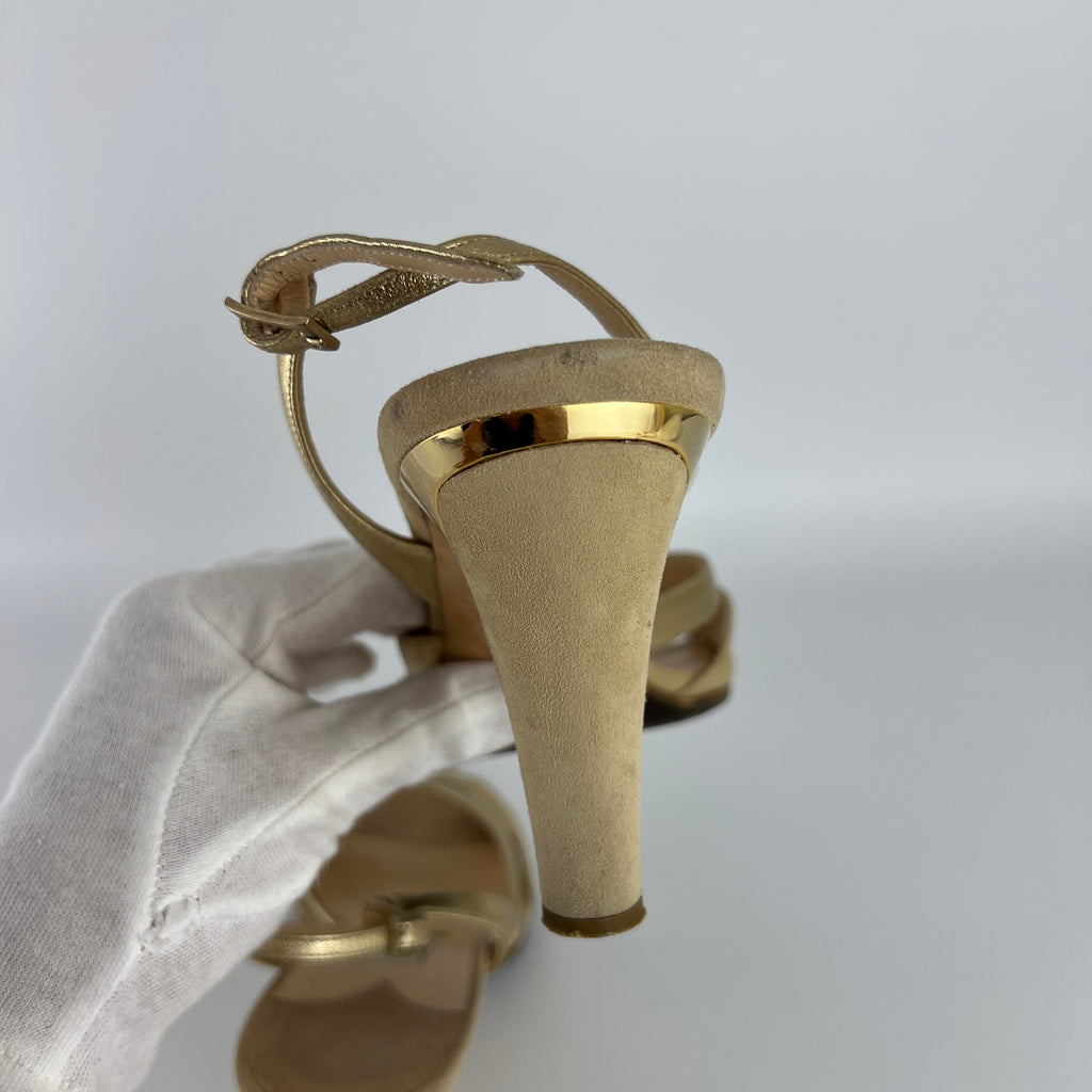 Jimmy Choo | Metallic Gold Beige Suede Leather Peep Toe Slingback Heels (38)