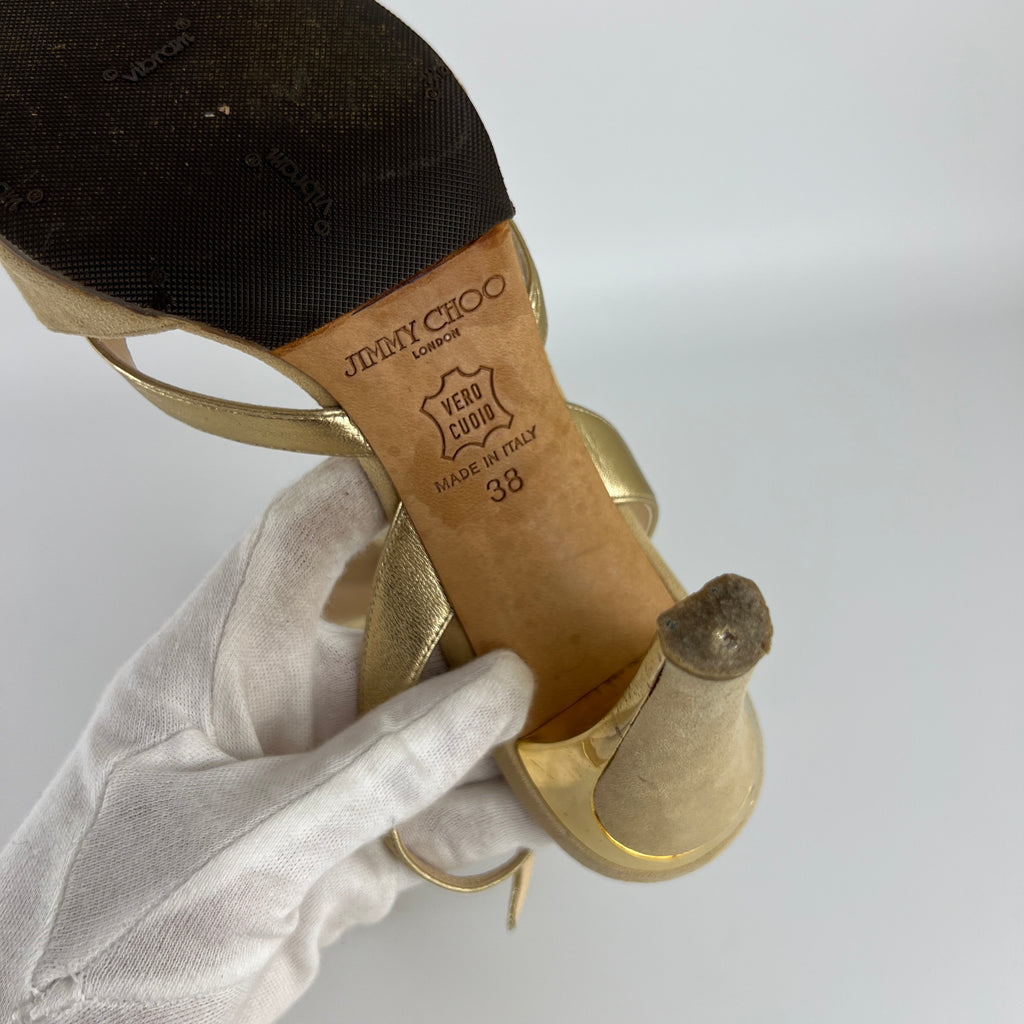 Jimmy Choo | Metallic Gold Beige Suede Leather Peep Toe Slingback Heels (38)