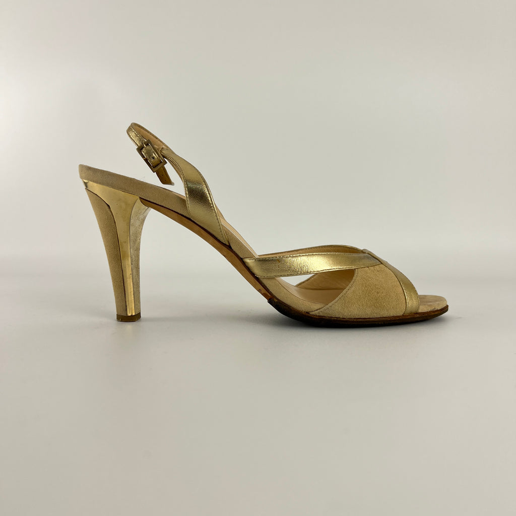 Jimmy Choo | Metallic Gold Beige Suede Leather Peep Toe Slingback Heels (38)