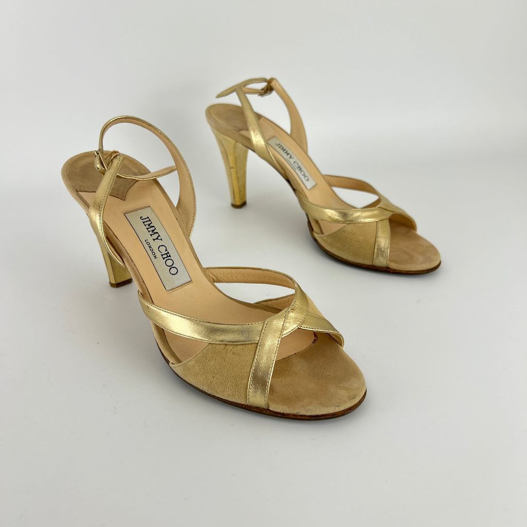 Jimmy Choo | Metallic Gold Beige Suede Leather Peep Toe Slingback Heels (38)