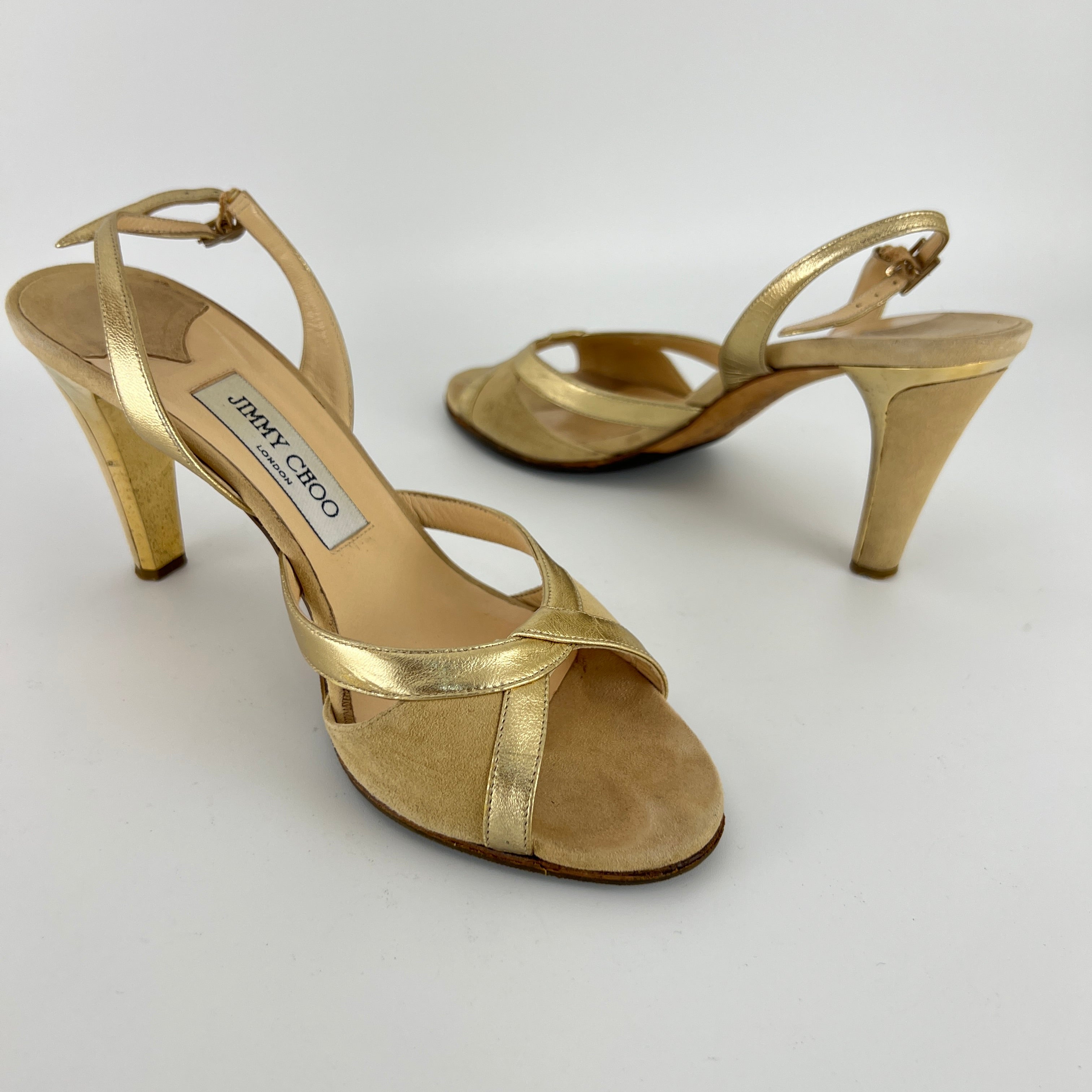 Jimmy Choo | Metallic Gold Beige Suede Leather Peep Toe Slingback Heels (38)