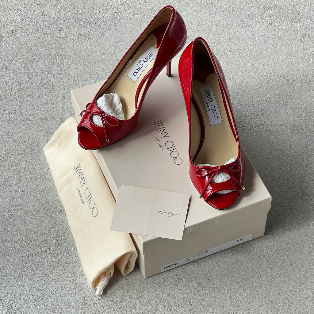 Jimmy Choo | Oona Red Patent Leather Bow Cut-Out Stiletto Pumps (37)