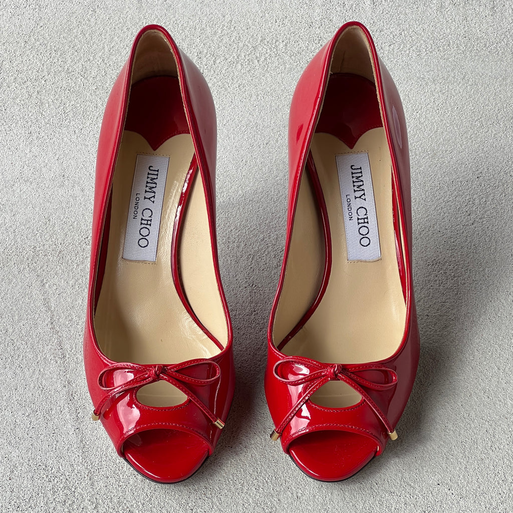 Jimmy Choo | Oona Red Patent Leather Bow Cut-Out Stiletto Pumps (37)