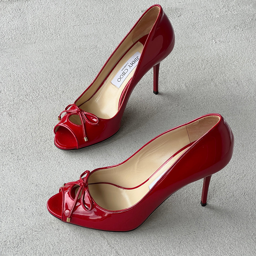 Jimmy Choo | Oona Red Patent Leather Bow Cut-Out Stiletto Pumps (37)