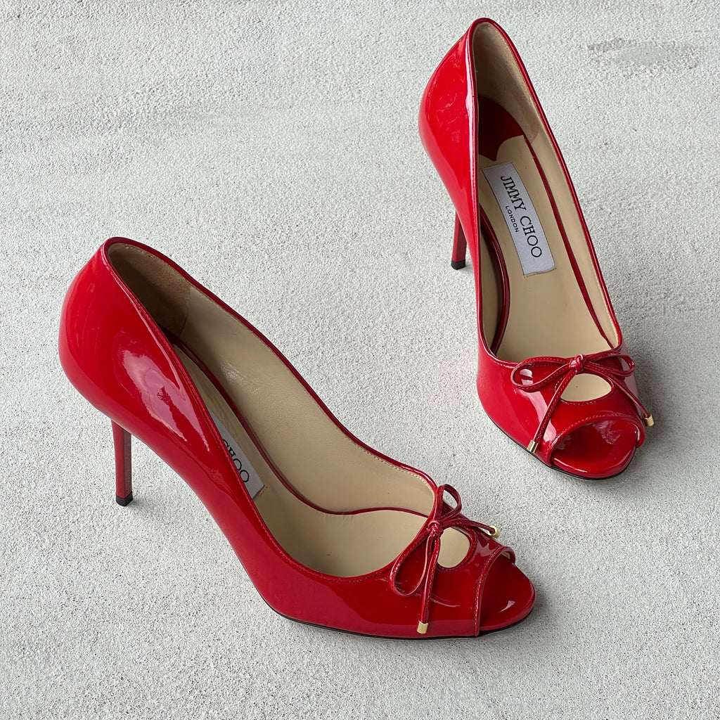 Jimmy Choo | Oona Red Patent Leather Bow Cut-Out Stiletto Pumps (37)