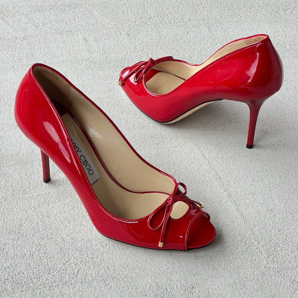 Jimmy Choo | Oona Red Patent Leather Bow Cut-Out Stiletto Pumps (37)