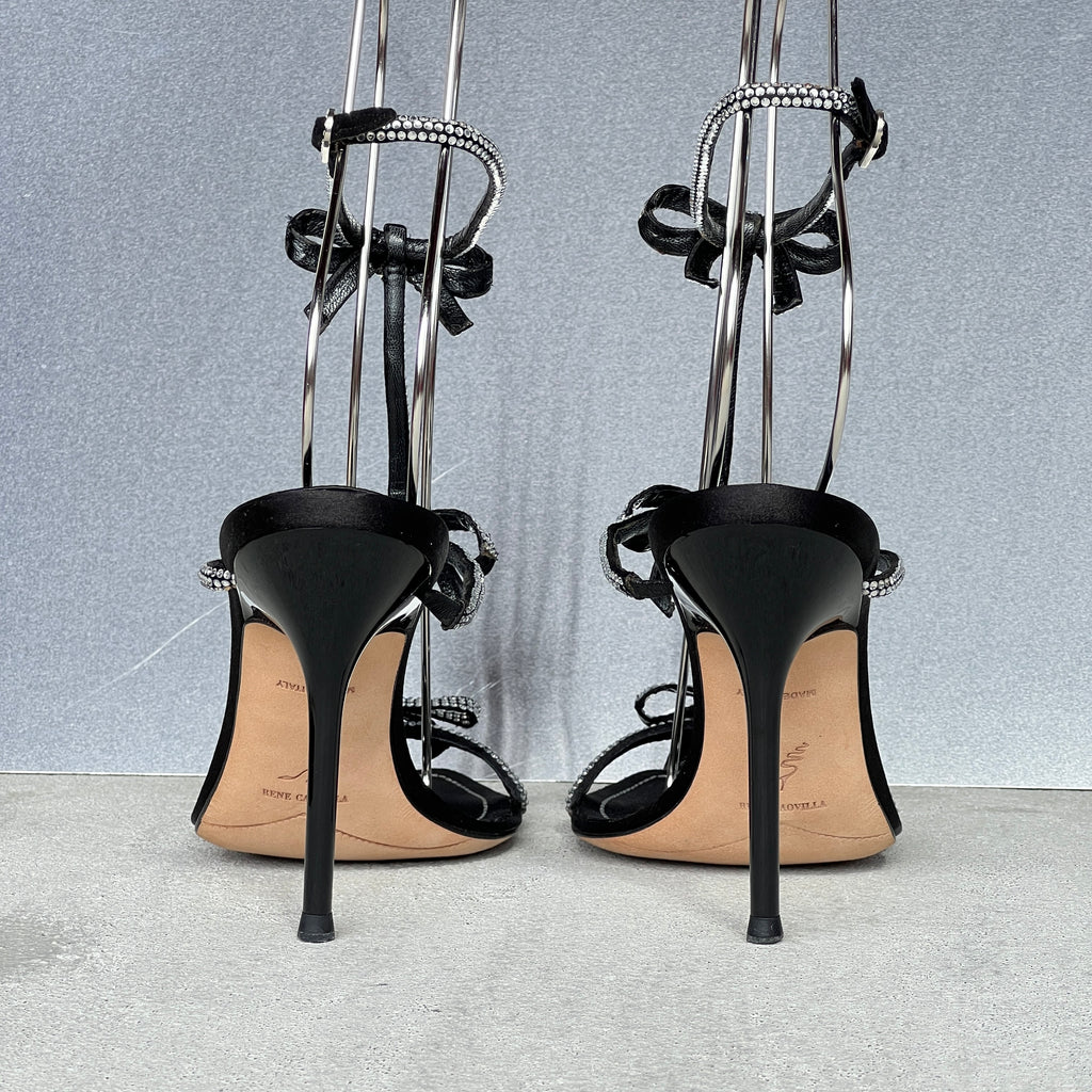 Rene Caovilla | Caterina 105 Black Satin Silver Crystal Bows Sandal Stiletto Heels (35)
