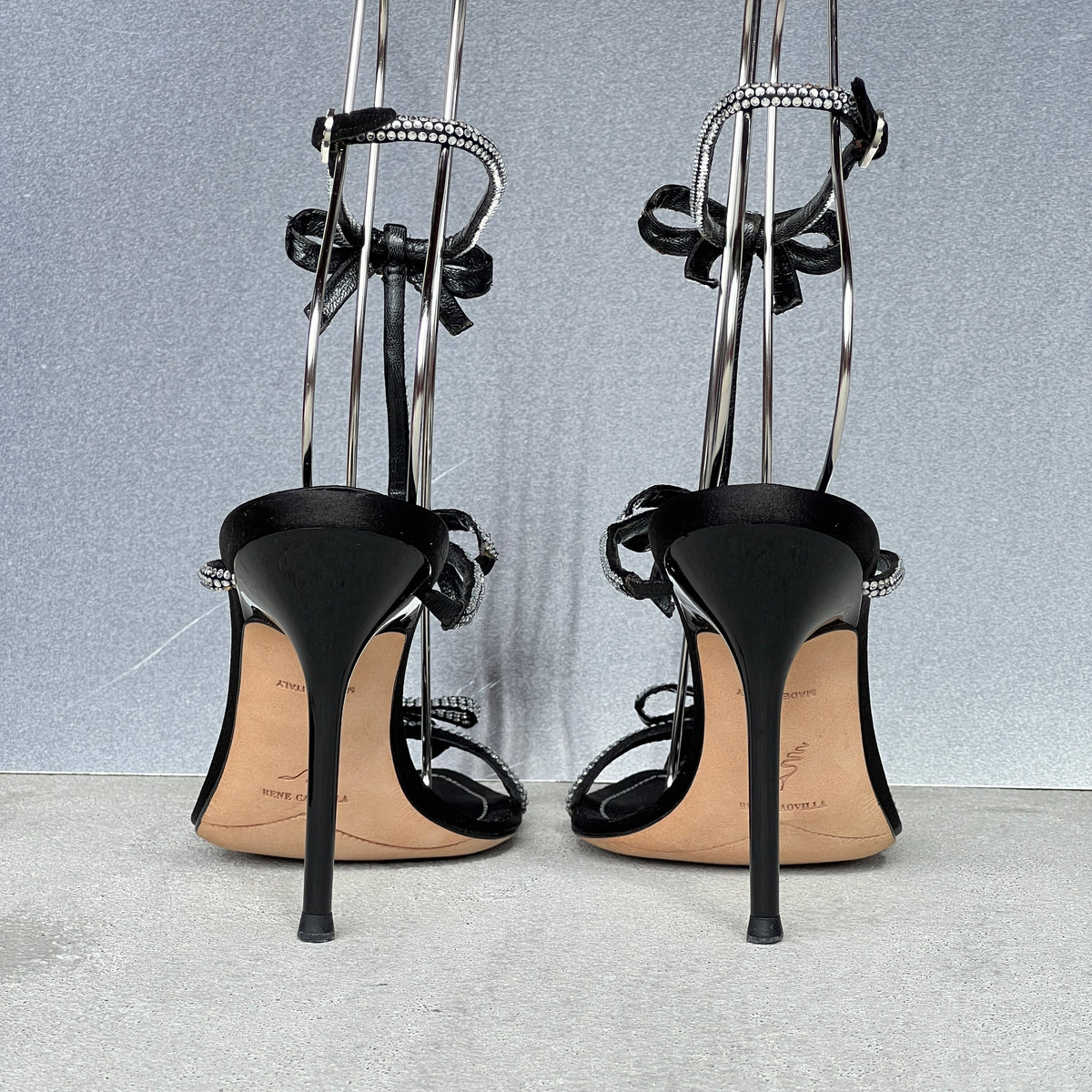 Rene Caovilla | Caterina 105 Black Satin Silver Crystal Bows Sandal Stiletto Heels (35)