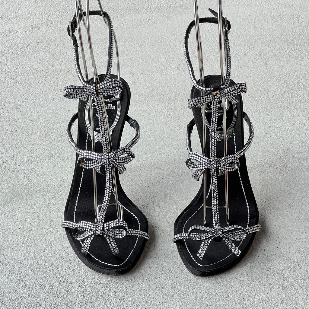 Rene Caovilla | Caterina 105 Black Satin Silver Crystal Bows Sandal Stiletto Heels (35)