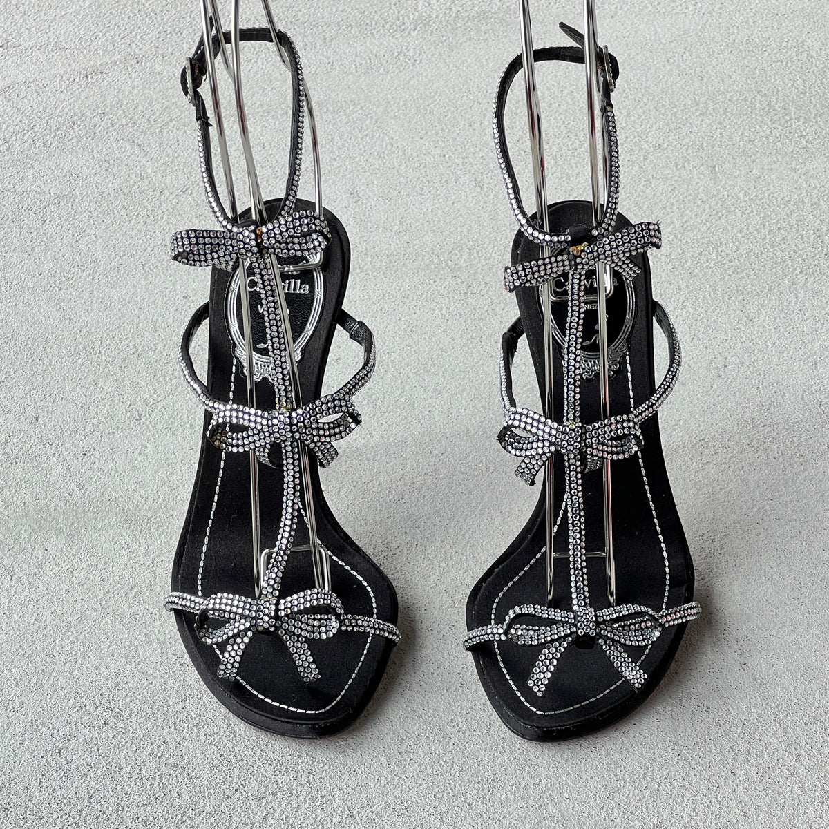 Rene Caovilla | Caterina 105 Black Satin Silver Crystal Bows Sandal Stiletto Heels (35)