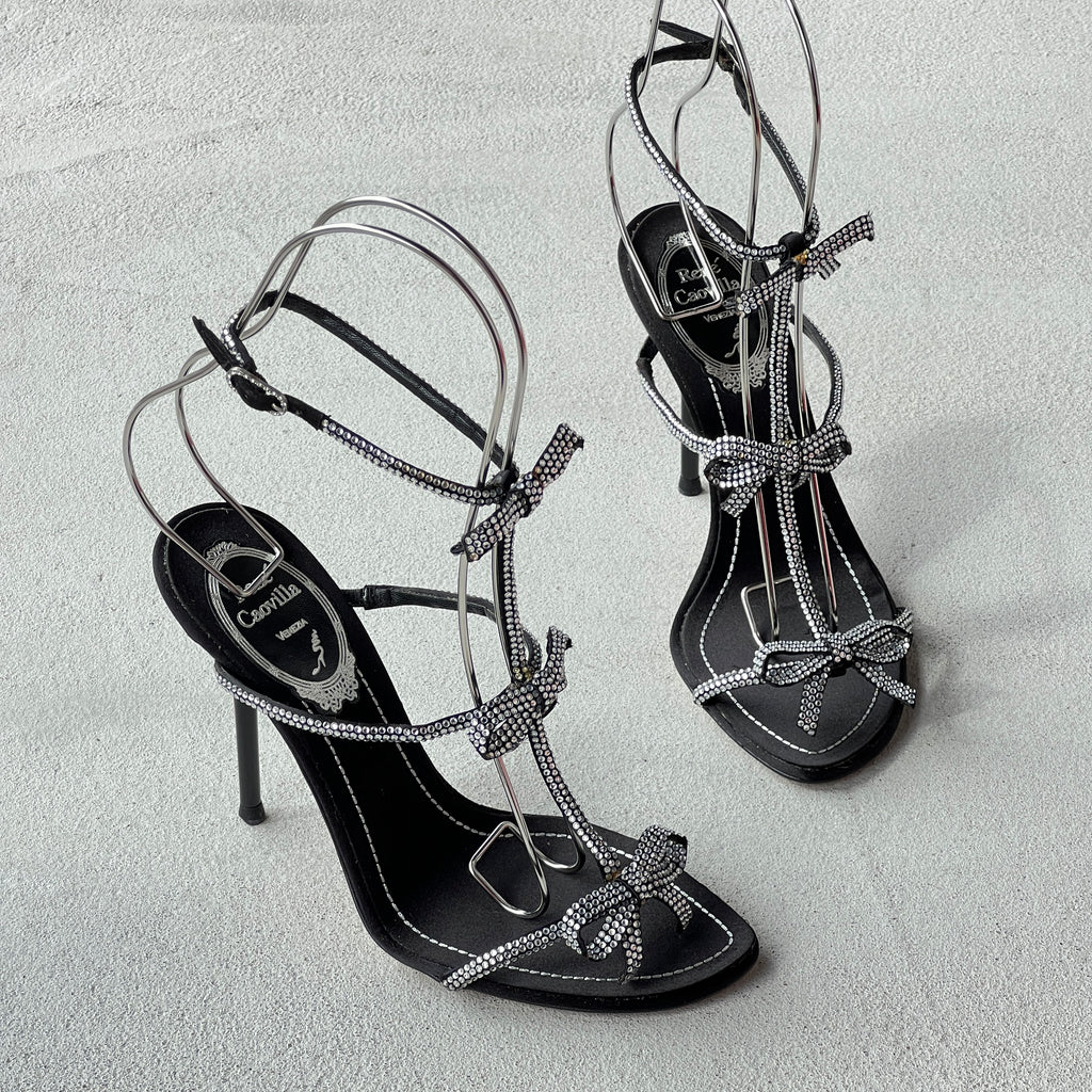 Rene Caovilla | Caterina 105 Black Satin Silver Crystal Bows Sandal Stiletto Heels (35)